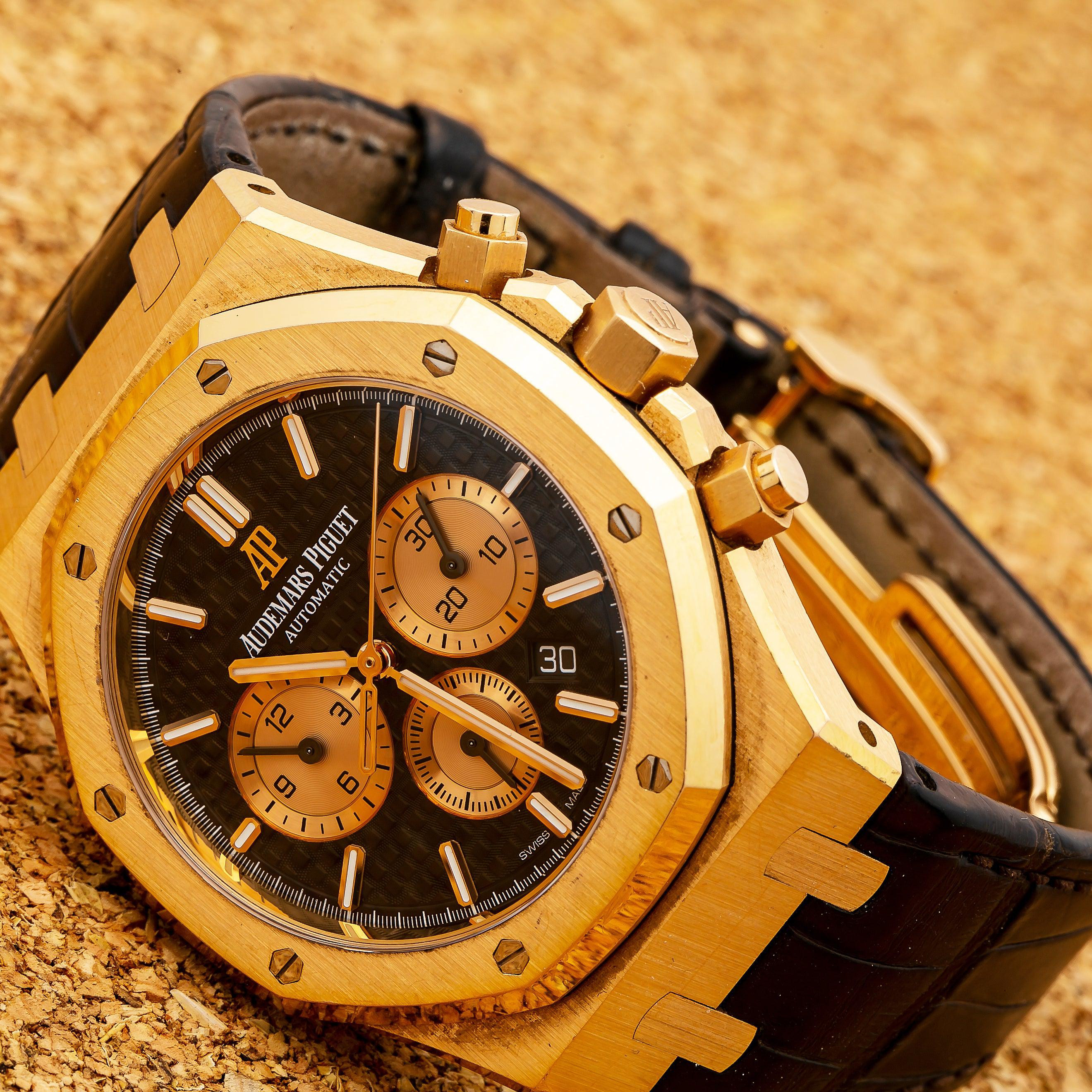 Audemars Piguet Royal Oak Chronograph 41MM 26331OR Black Dial Yellow Gold Bezel Brown Alligator Leather Strap