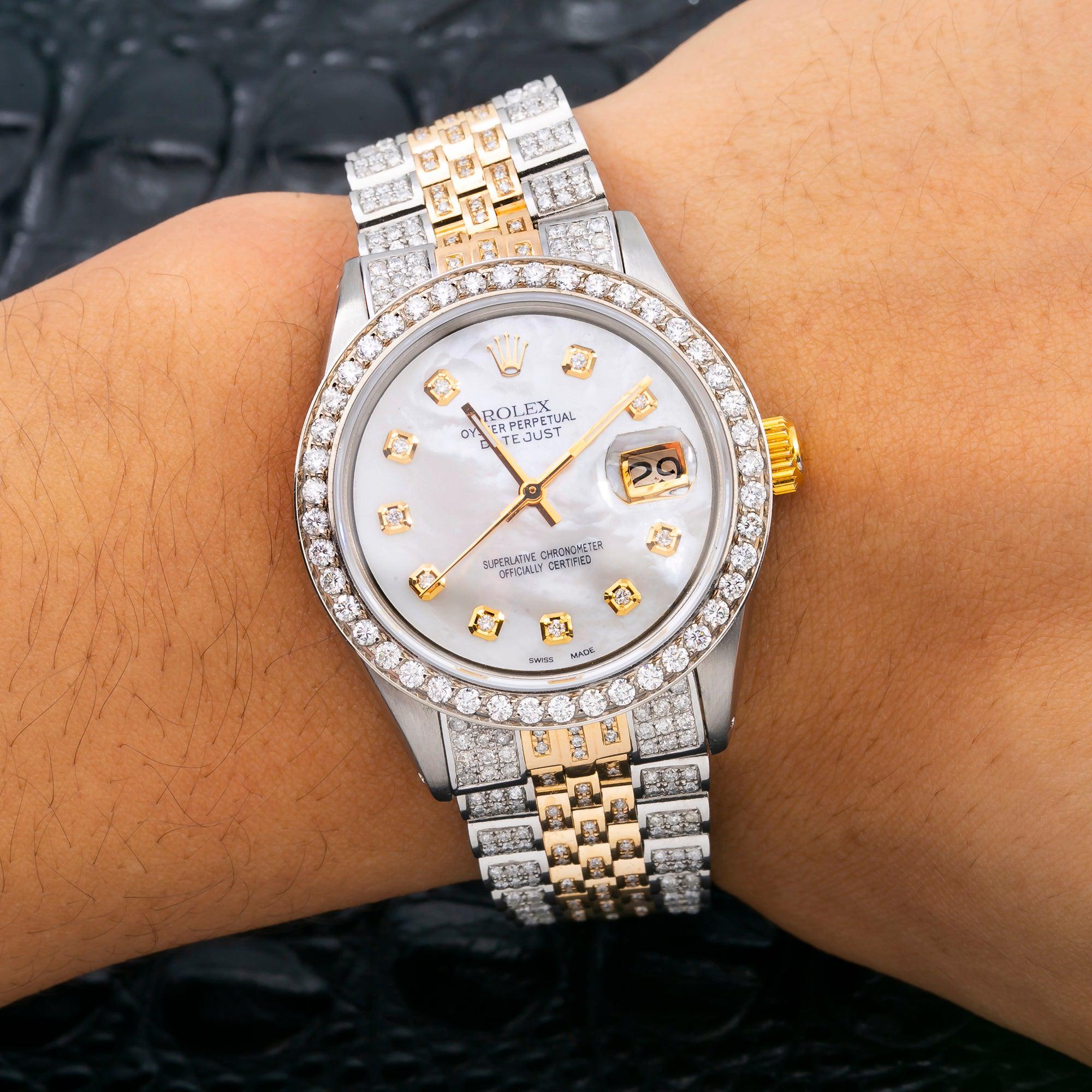Rolex Datejust 36MM 1601 White Mother of Pearl Diamond Dial Diamond Bezel Two Tone Yellow Gold Full Diamond Jubilee Bracelet
