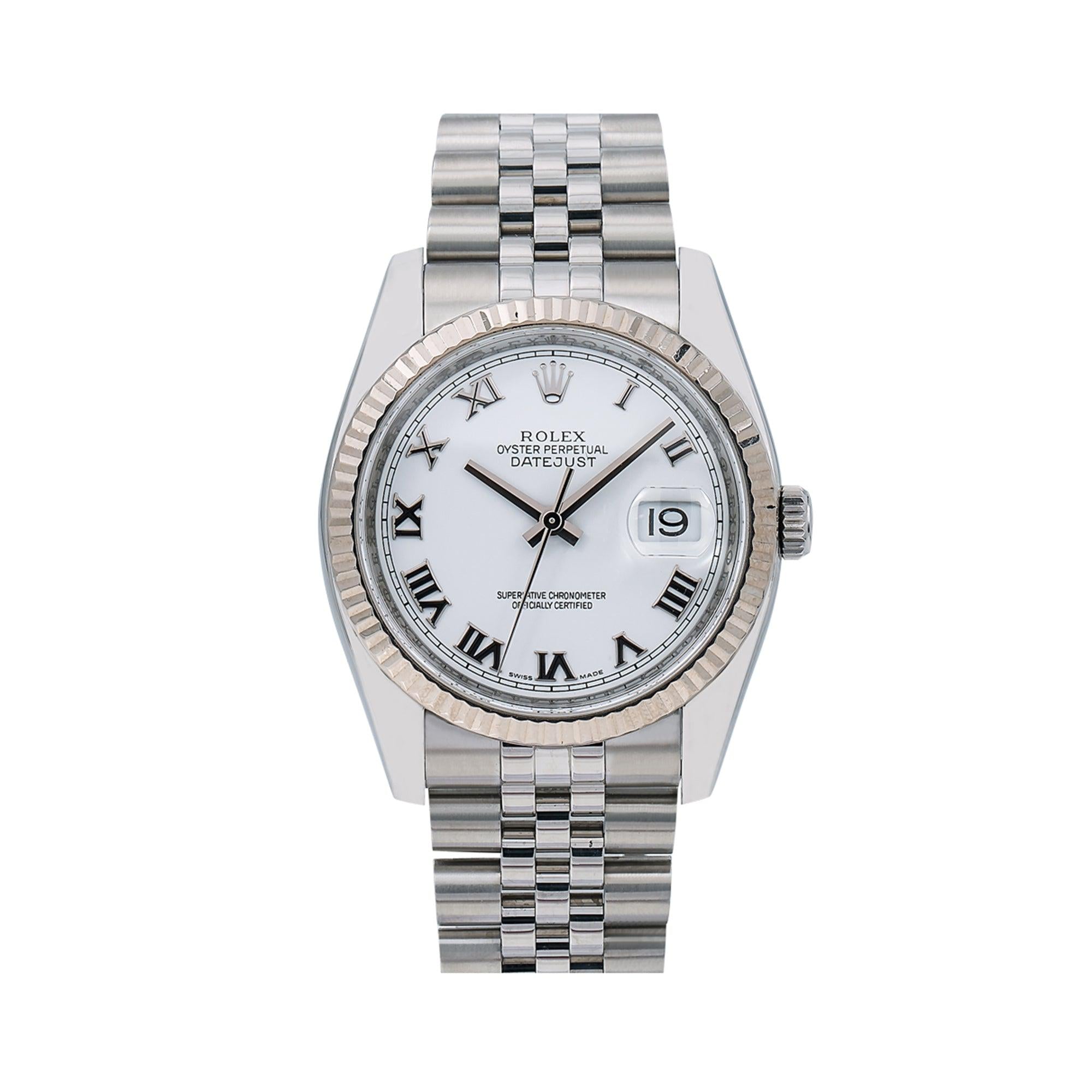 Rolex Datejust 36MM 116234 White Roman Dial White Gold Fluted Bezel Stainless Steel Jubilee Bracelet