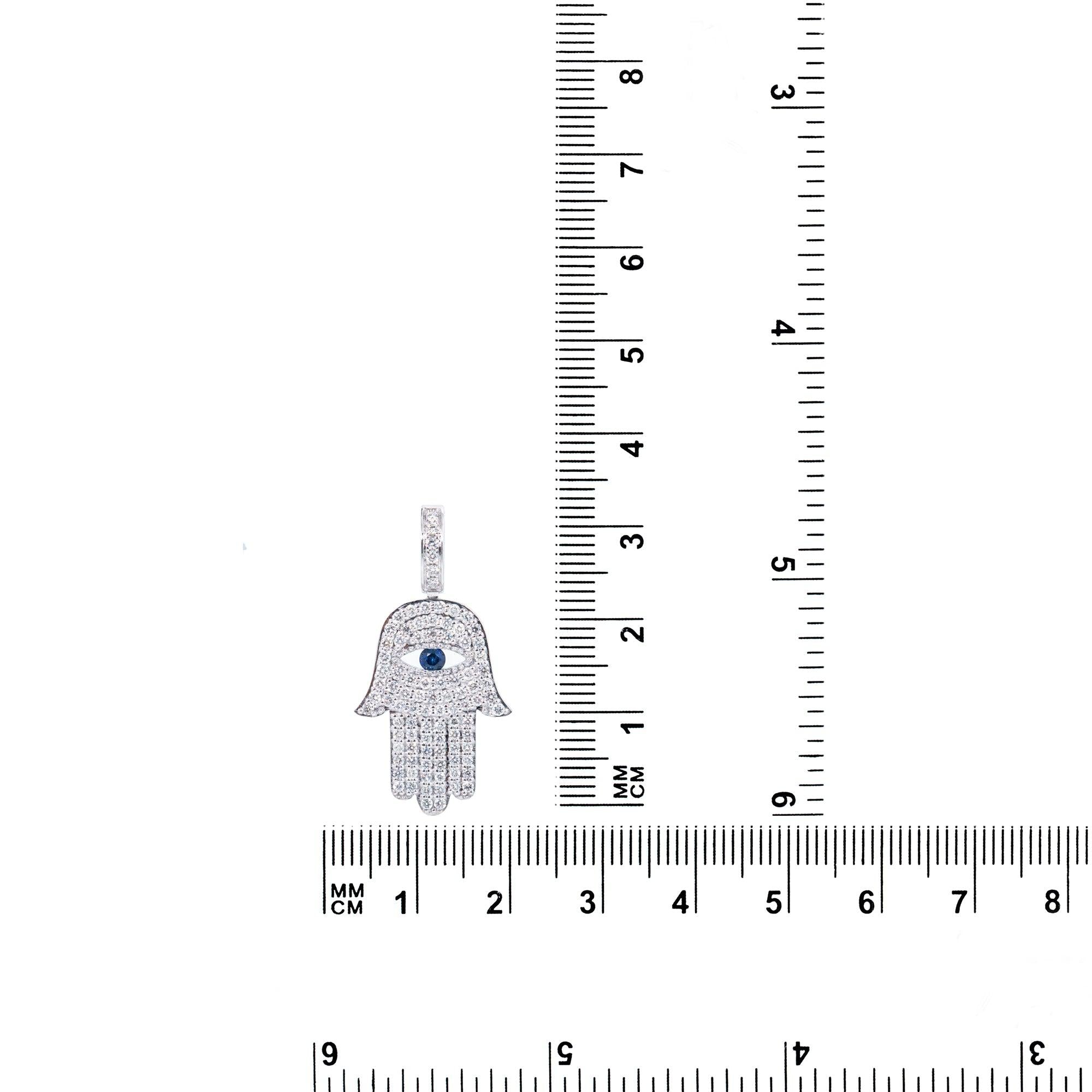 14K White Gold Unisex Hamsa Pendant with 1.08 CT Diamond and 0.15 Ct Sapphire