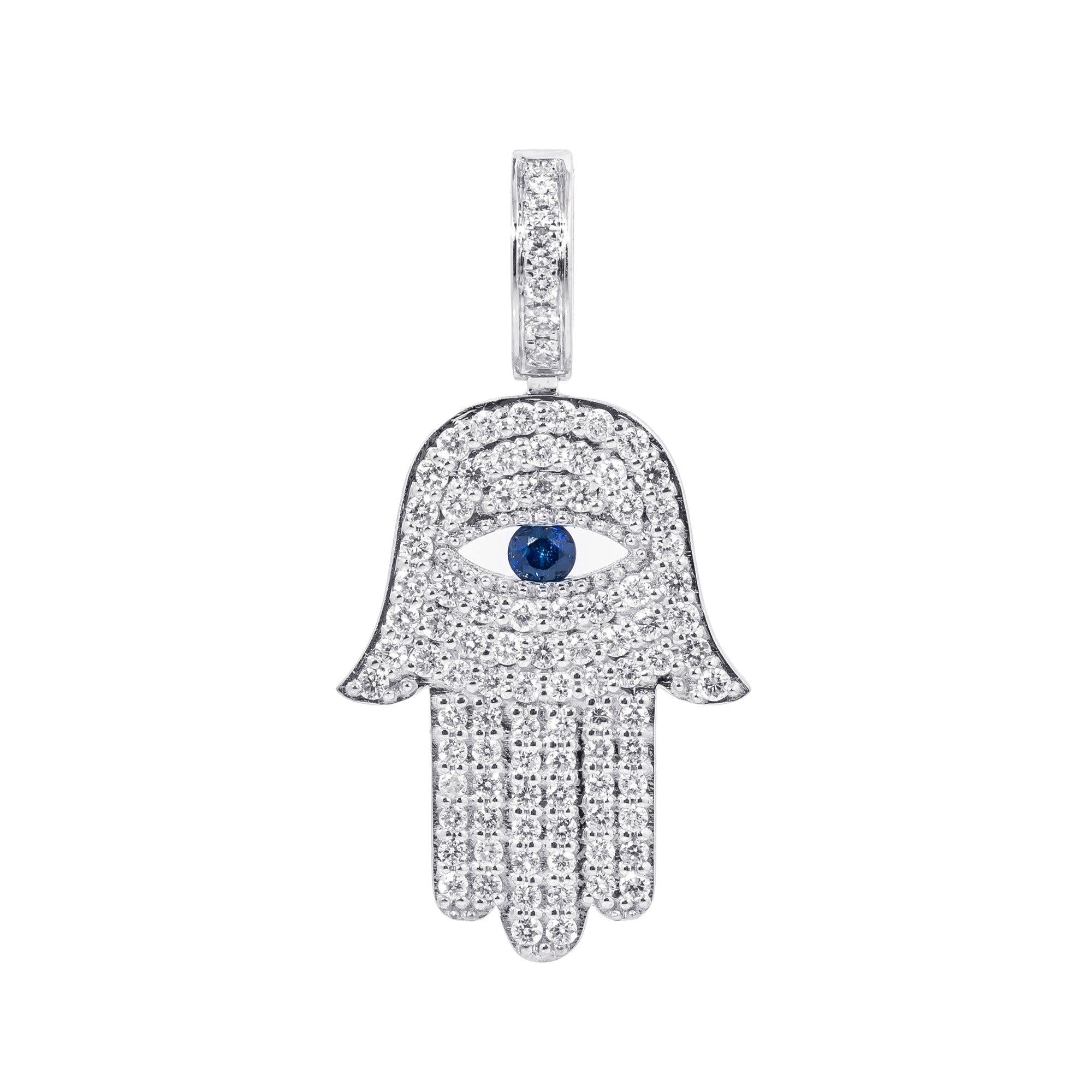 14K White Gold Unisex Hamsa Pendant with 1.08 CT Diamond and 0.15 Ct Sapphire
