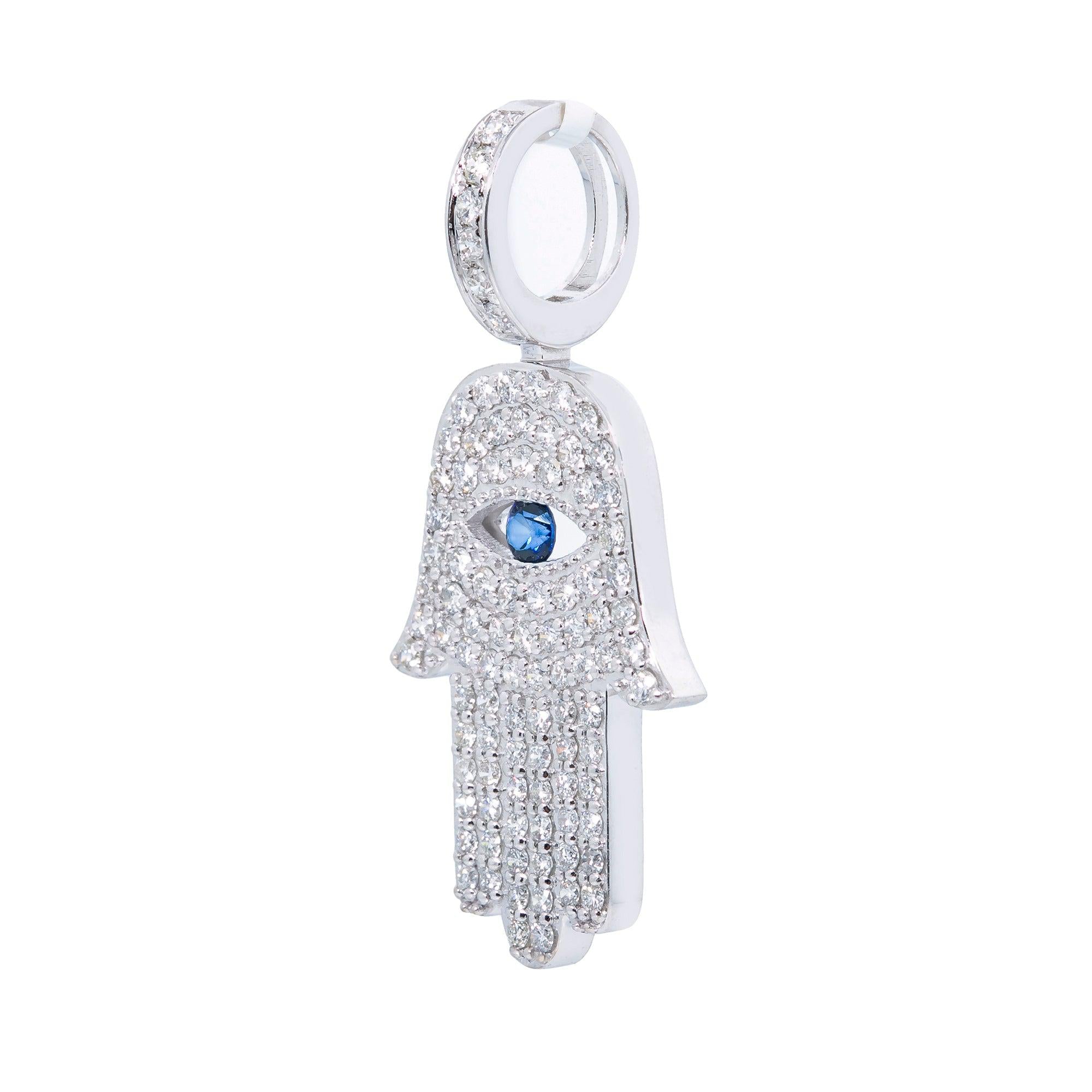 14K White Gold Unisex Hamsa Pendant with 1.08 CT Diamond and 0.15 Ct Sapphire
