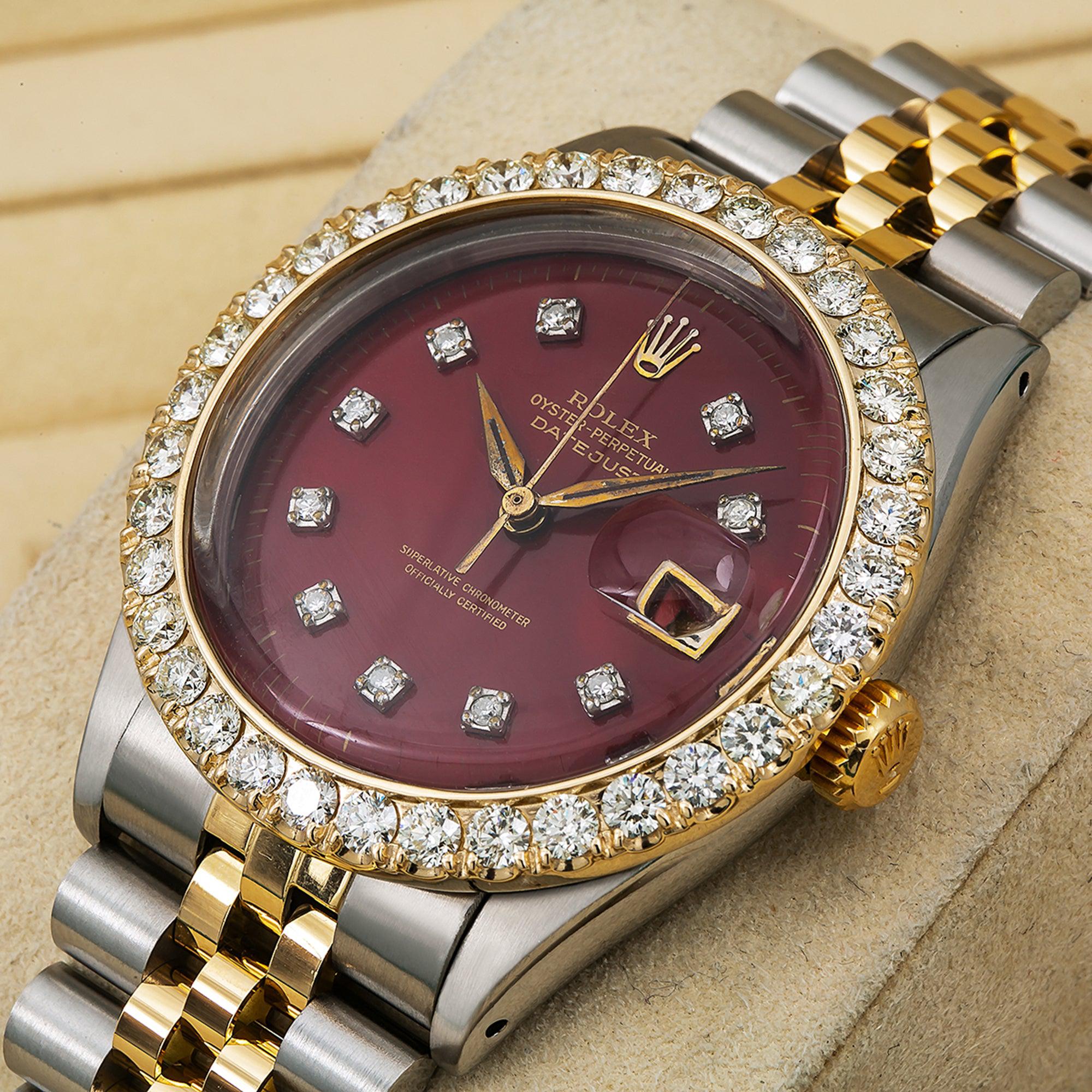 Rolex Datejust 36MM 16233 Red Diamond Dial Diamond Bezel Two Tone Yellow Gold Jubilee Bracelet 2.25ct