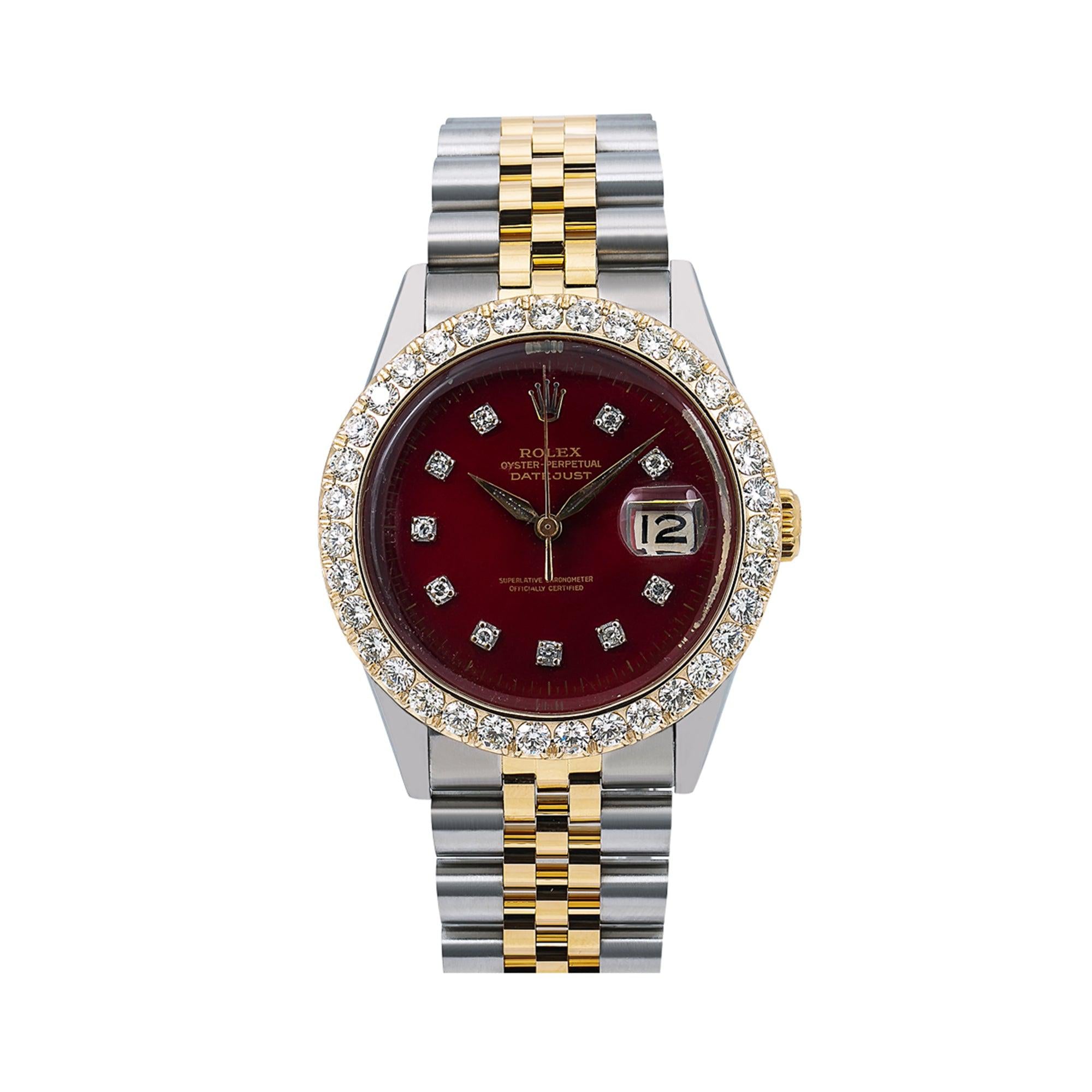 Rolex Datejust 36MM 16233 Red Diamond Dial Diamond Bezel Two Tone Jubilee Bracelet 2.25ct