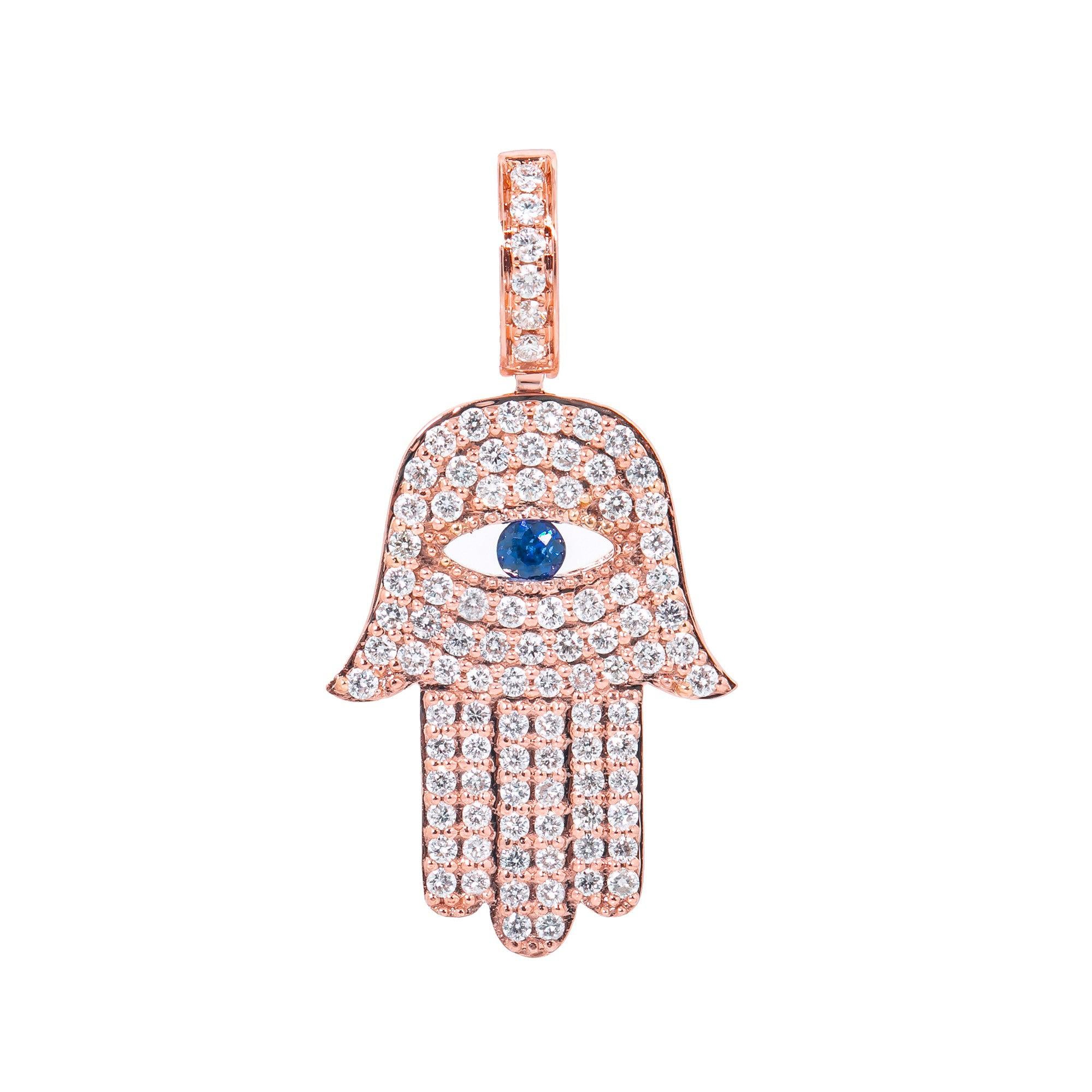 14K Rose Gold Unisex Hamsa Pendant with 1.08 CT Diamond and 0.15 CT Sapphire