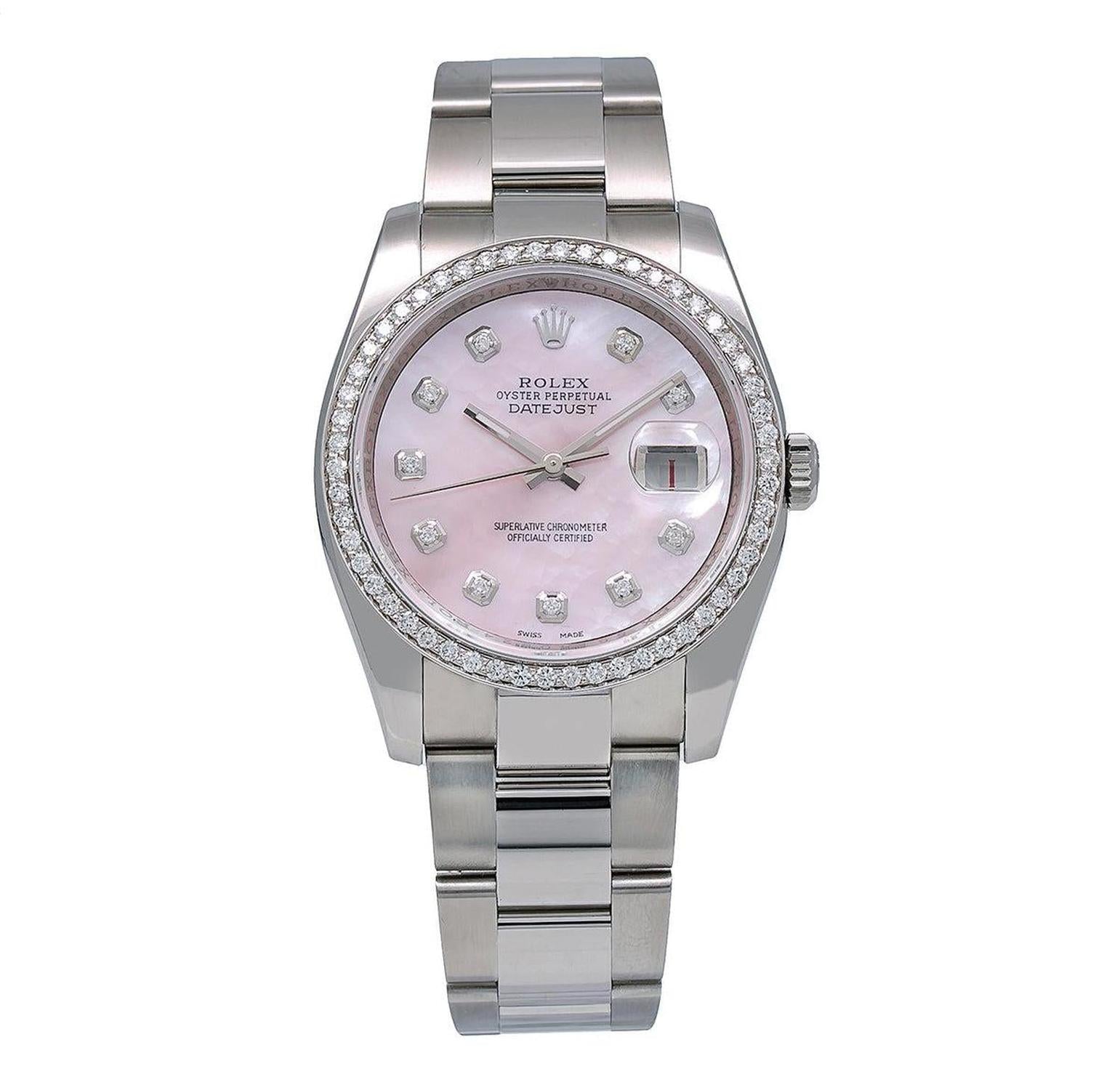 Rolex Datejust 36MM 116234 Pink Mother of Pearl Diamond Dial Diamond Bezel Stainless Steel Oyster Bracelet 1.2ct
