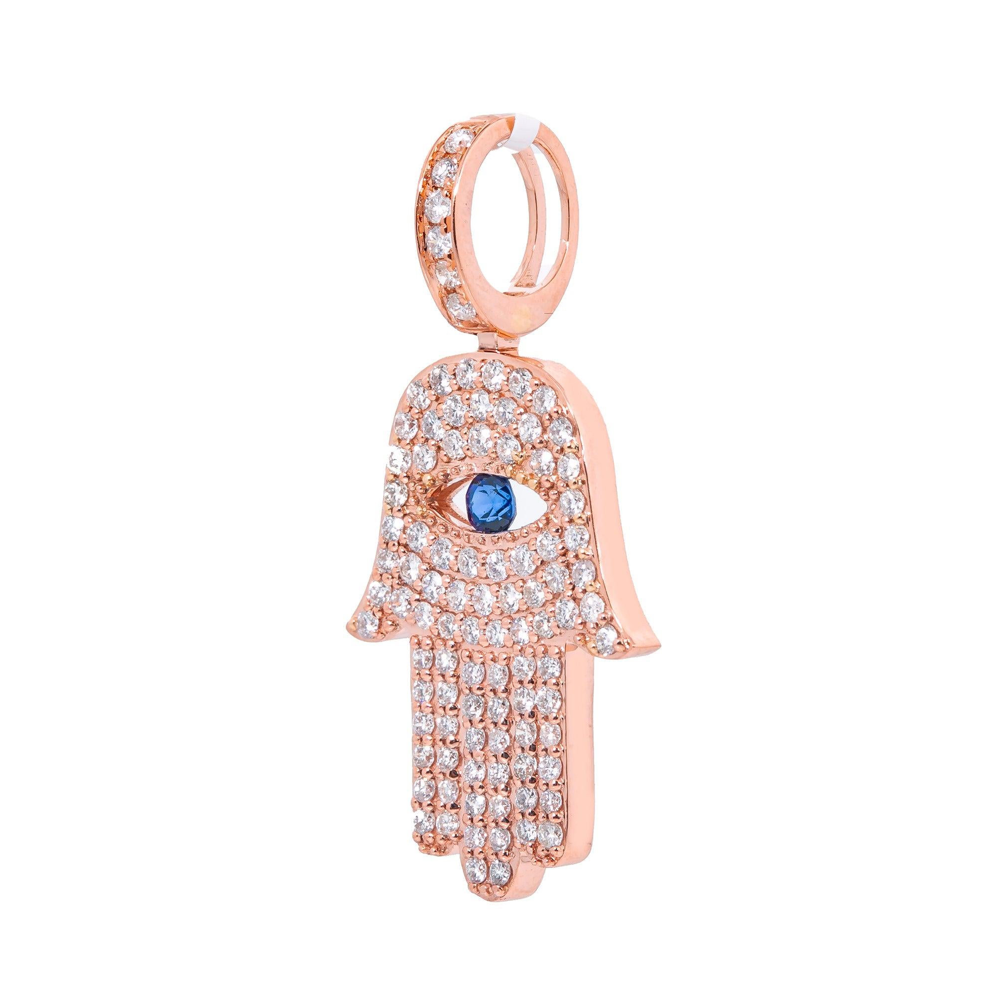 14K Rose Gold Unisex Hamsa Pendant with 1.08 CT Diamond and 0.15 CT Sapphire
