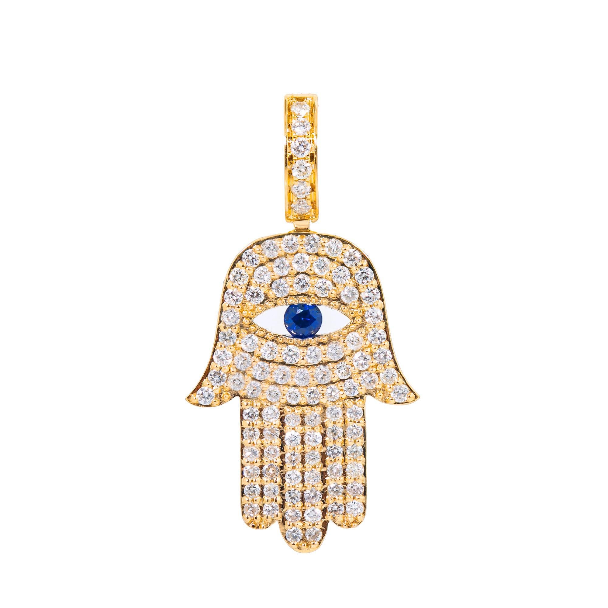14K Yellow Gold Unisex Hamsa Pendant with 1.091 CT Diamond and 0.15 CT Sapphire