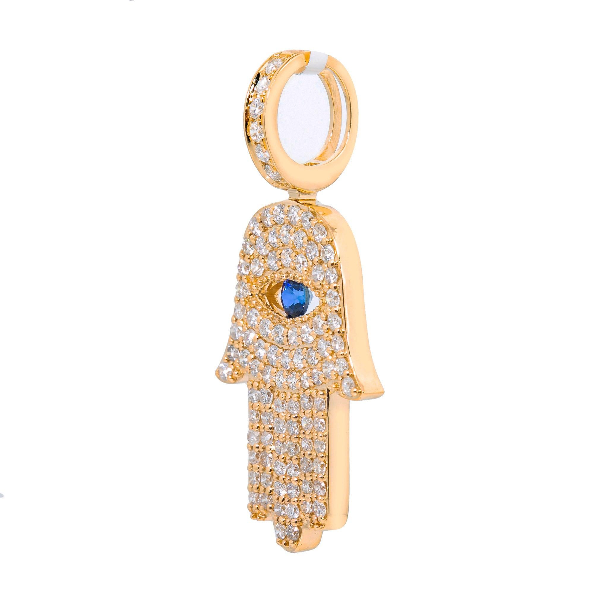 14K Yellow Gold Unisex Hamsa Pendant with 1.091 CT Diamond and 0.15 CT Sapphire
