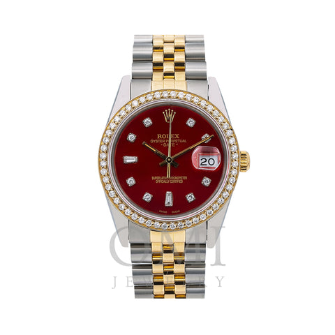 Rolex Oyster Perpetual Diamond Watch, Date 15053 34mm, Red Diamond Dial With Two Tone Jubilee Bracelet