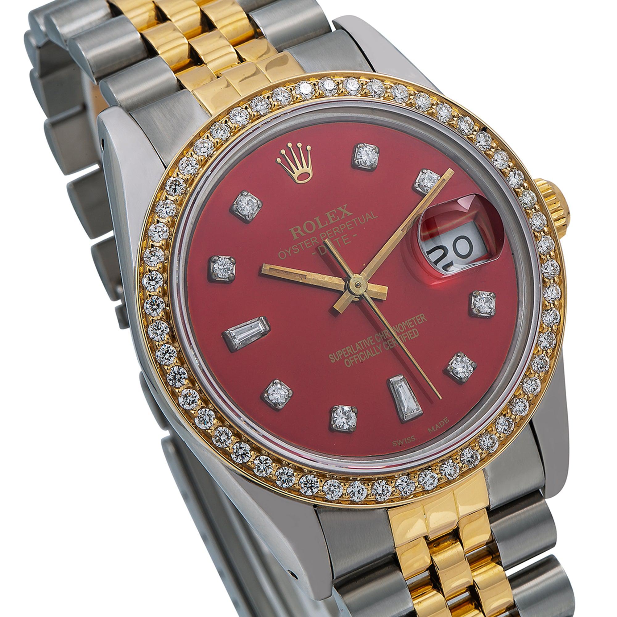 Rolex Date 34MM 15053 Red Diamond Dial Diamond Bezel Two Tone Yellow Gold Jubilee Bracelet