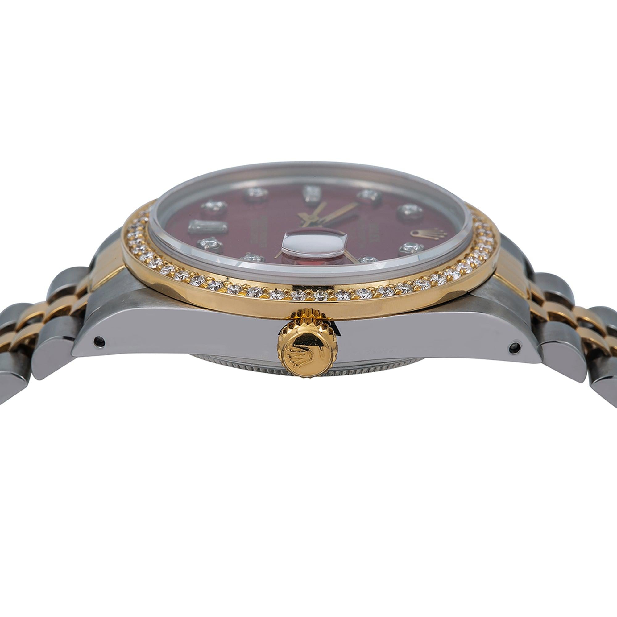 Rolex Date 34MM 15053 Red Diamond Dial Diamond Bezel Two Tone Yellow Gold Jubilee Bracelet