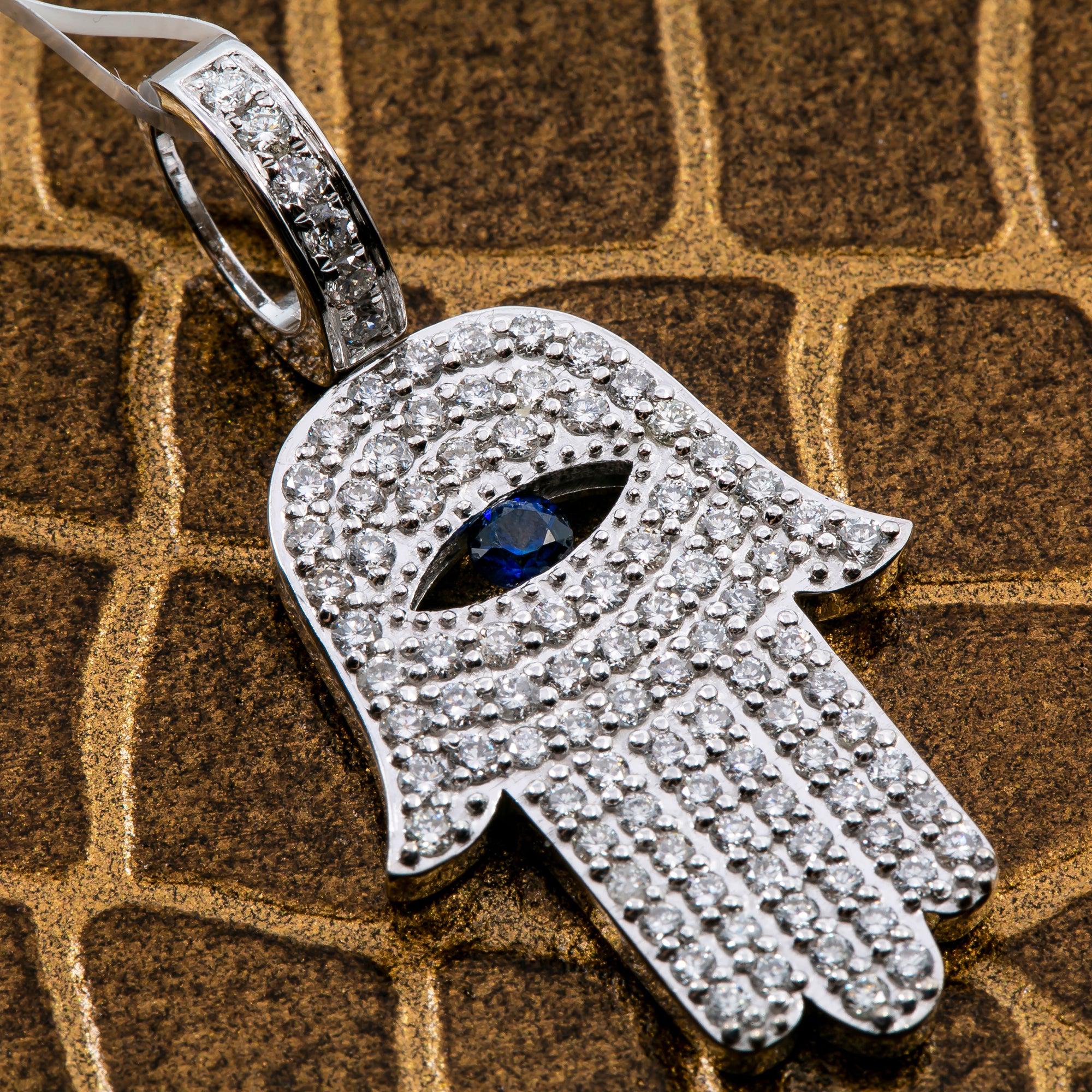 14K White Gold Unisex Hamsa Pendant with 1.08 CT Diamond and 0.15 Ct Sapphire