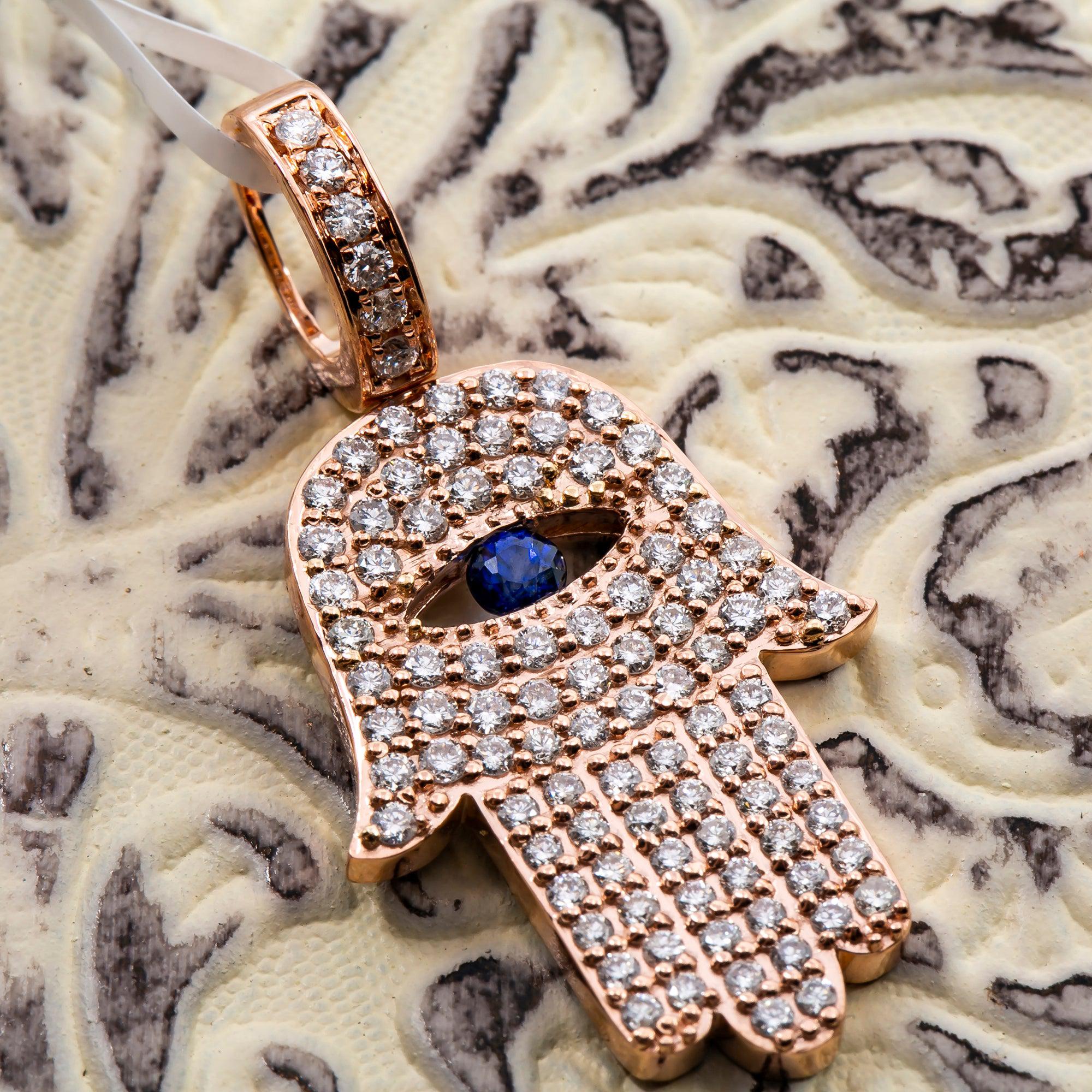 14K Rose Gold Unisex Hamsa Pendant with 1.08 CT Diamond and 0.15 CT Sapphire