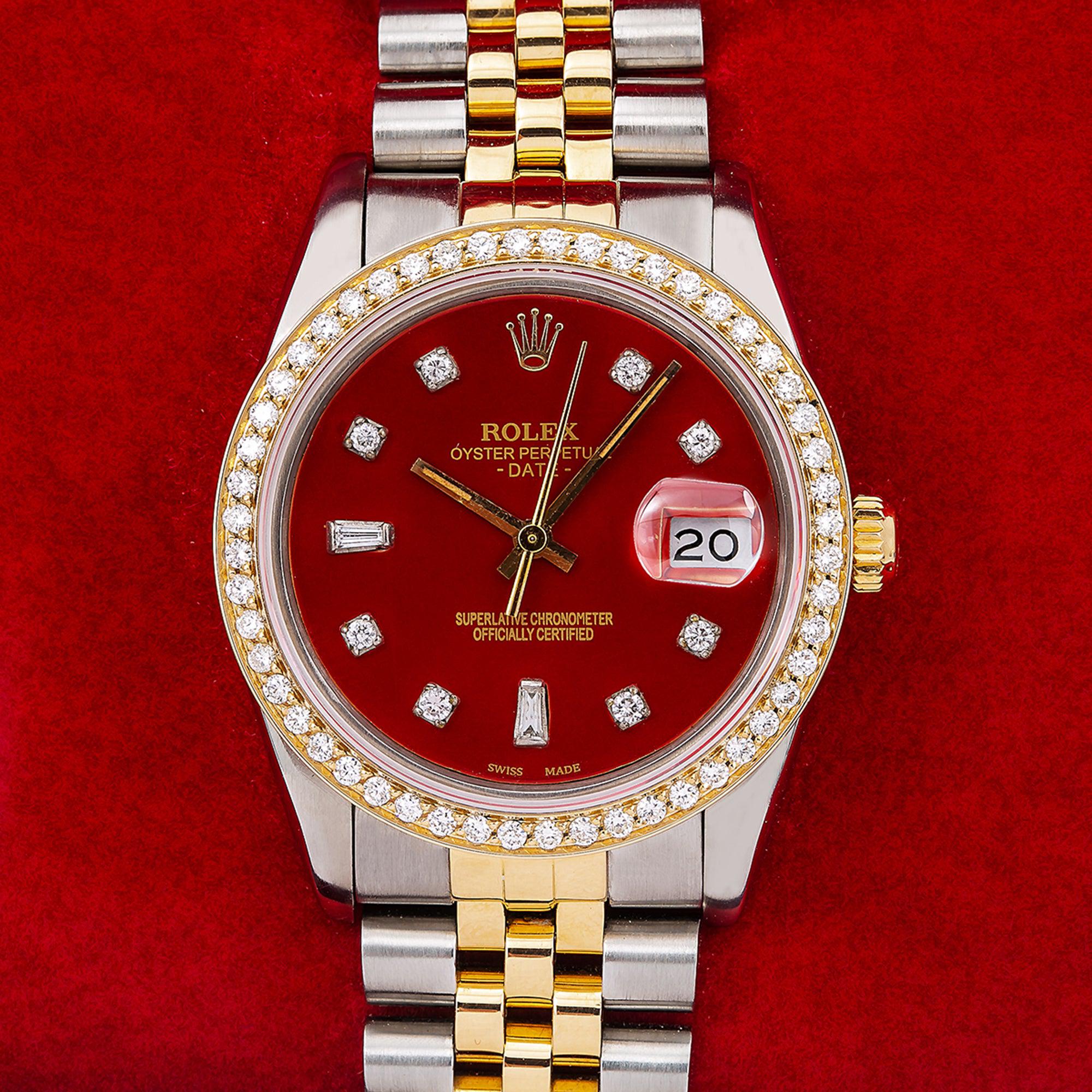 Rolex Date 34MM 15053 Red Diamond Dial Diamond Bezel Two Tone Yellow Gold Jubilee Bracelet