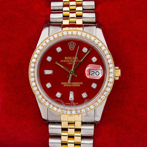 Rolex Oyster Perpetual Diamond Watch, Date 15053 34mm, Red Diamond Dial With Two Tone Jubilee Bracelet
