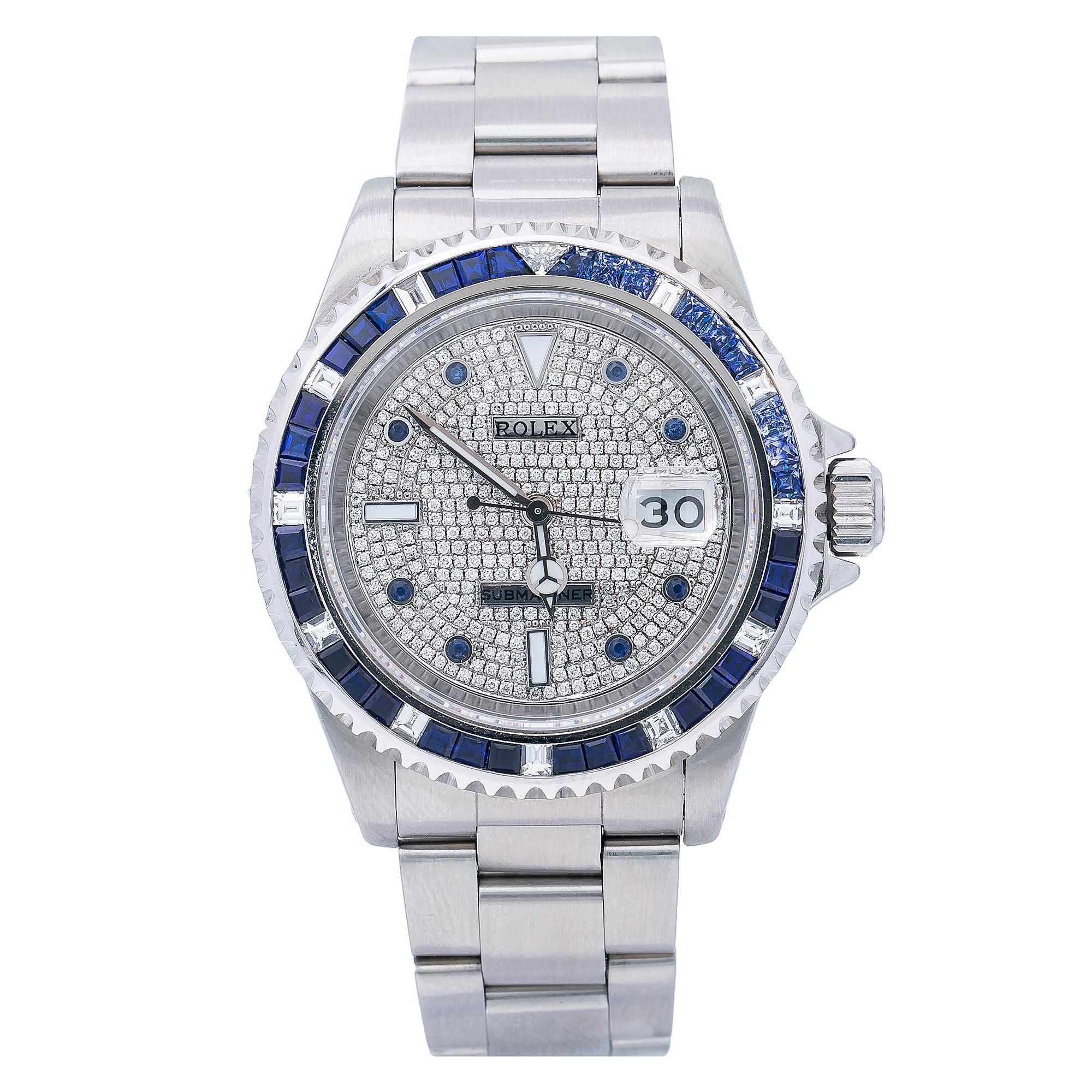 Rolex Submariner Date 40MM 16610 Diamond Paved Dial Blue Gemstone & Diamond Bezel Stainless Steel Oyster Bracelet