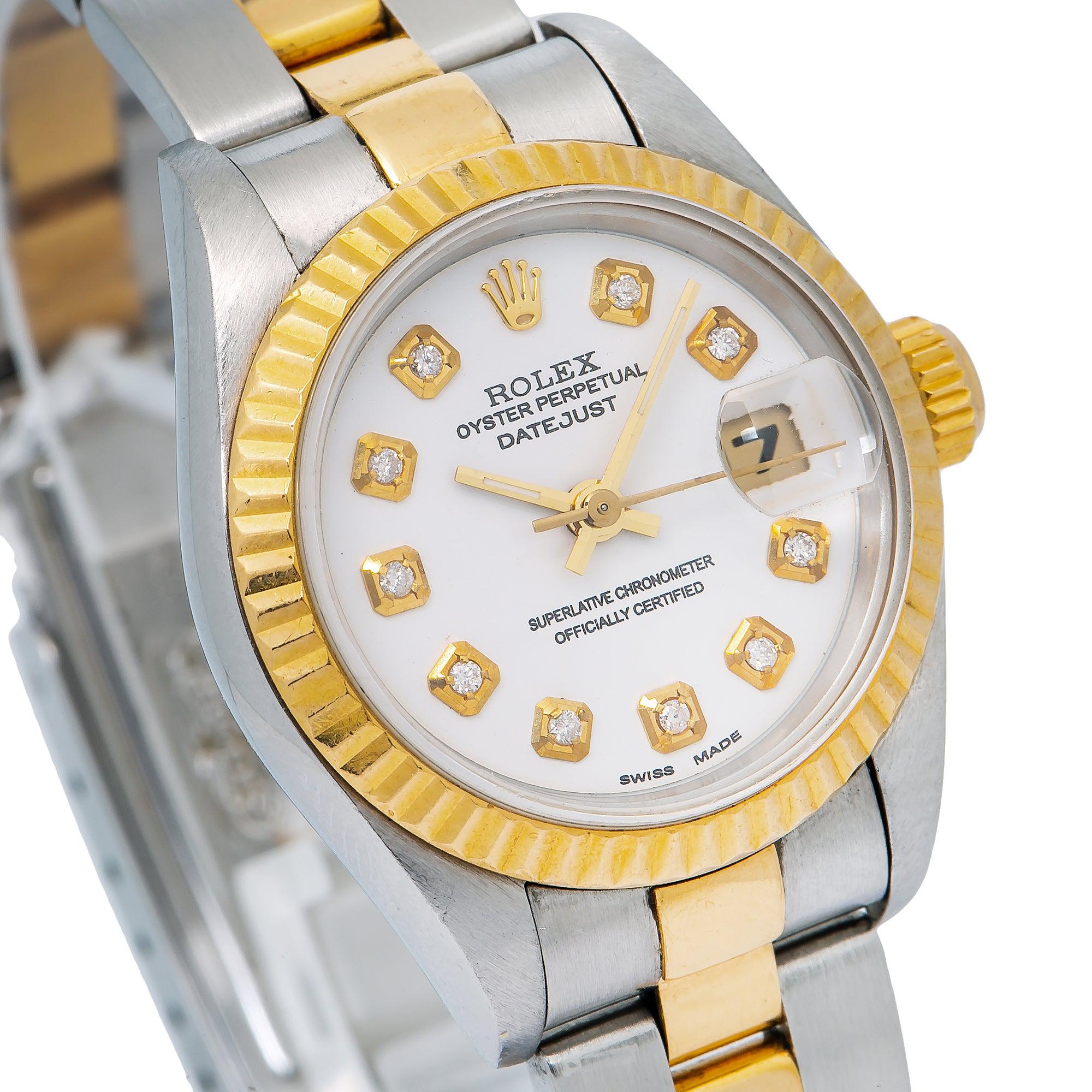 Rolex Datejust 26MM 69173 White Diamond Dial Fluted Bezel Two Tone Yellow Gold Oyster Bracelet