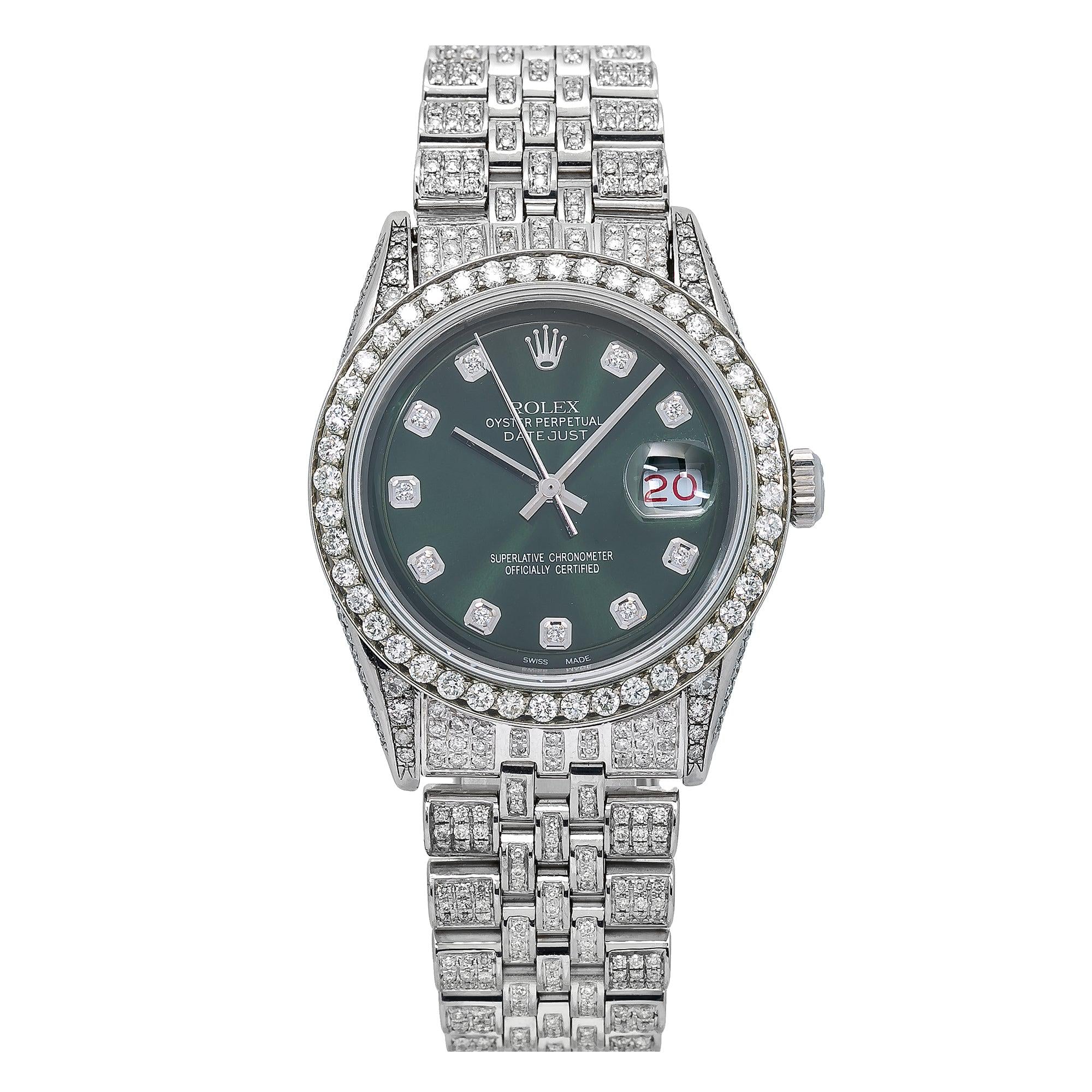 Rolex Datejust 36MM 1601 Green Diamond Dial Diamond Bezel Full Diamond Oyster Bracelet 8.35ct
