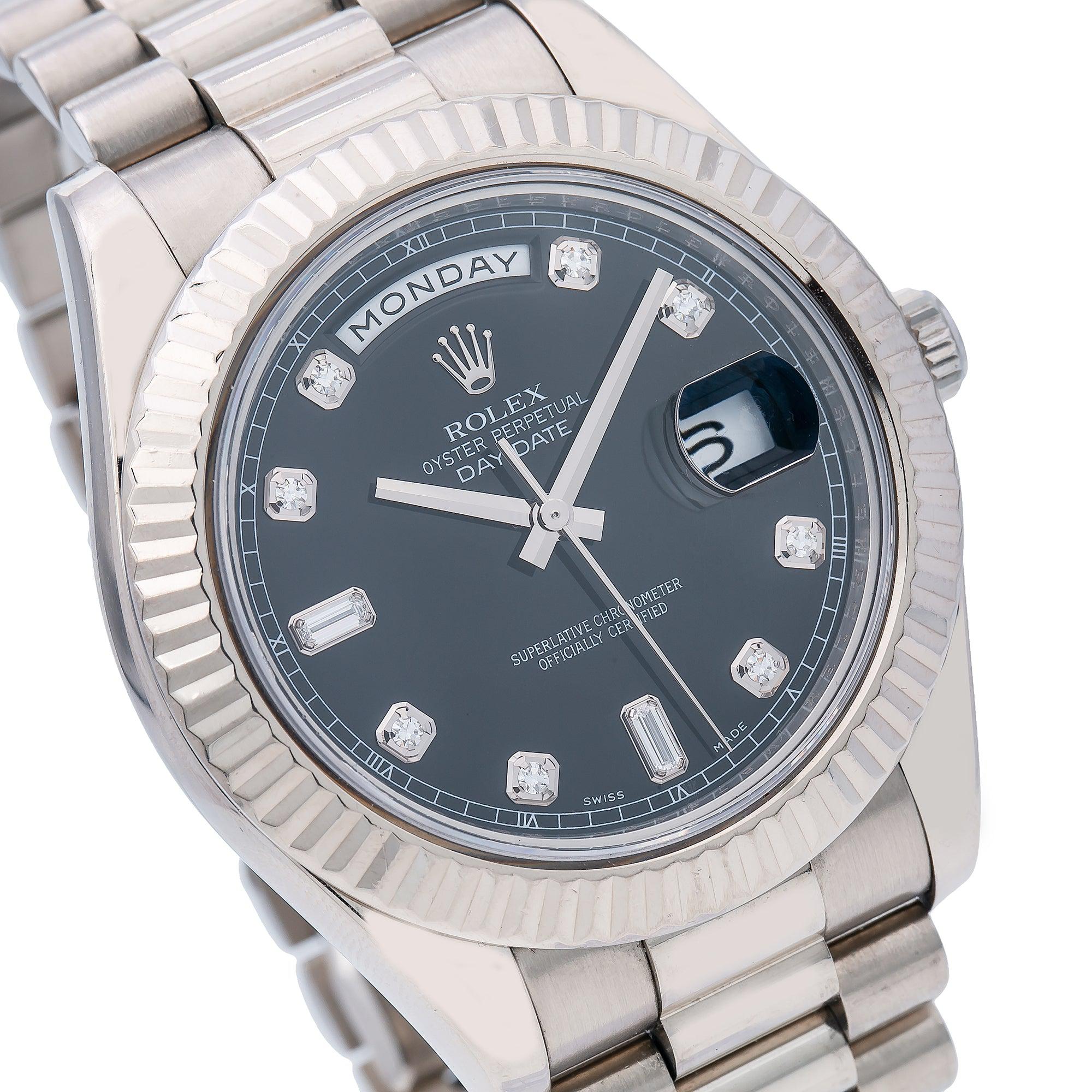 Rolex Day-Date II 41MM 218239 Black Diamond Dial Fluted Bezel 18K White Gold President Bracelet