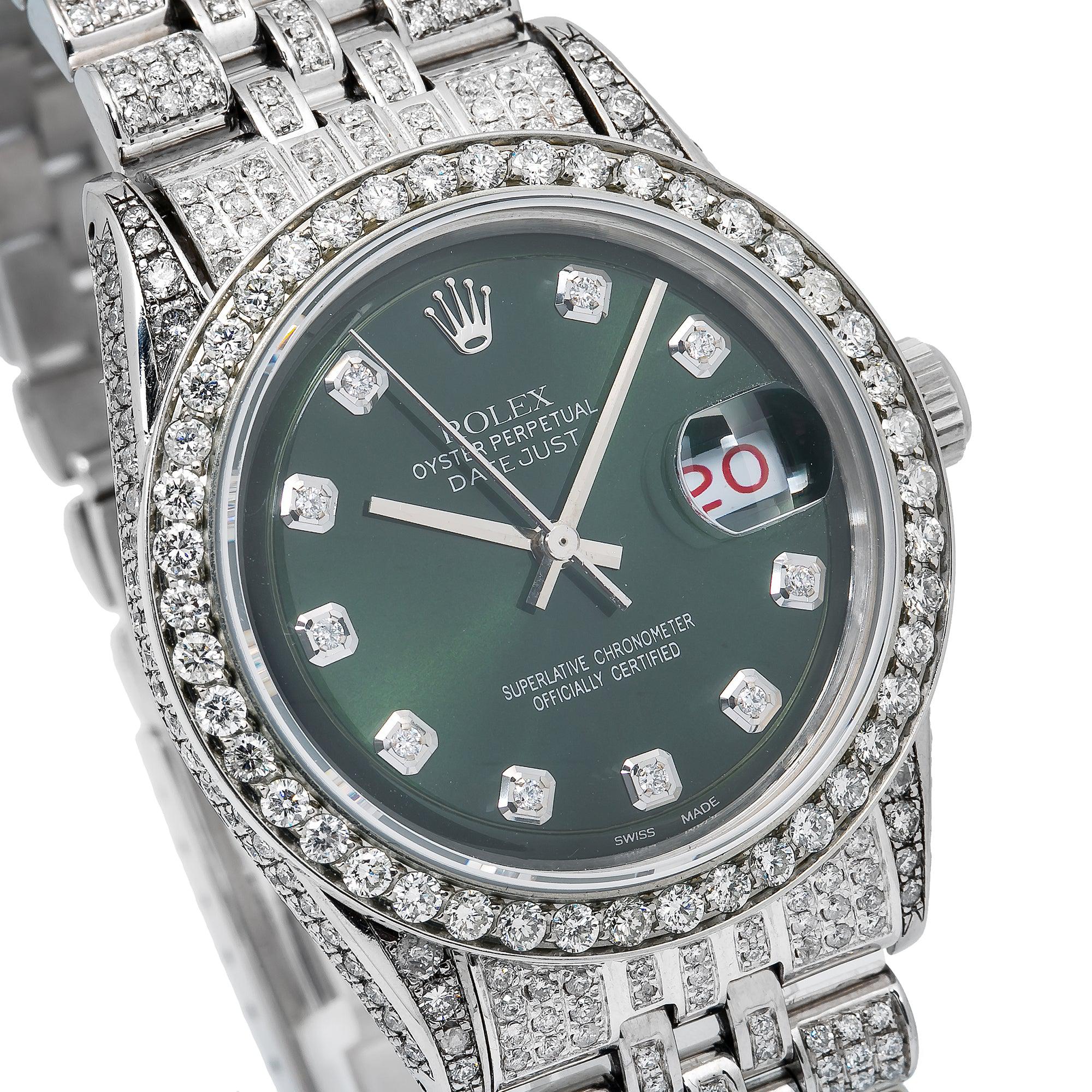 Rolex Datejust 36MM 1601 Green Diamond Dial Diamond Bezel Stainless Steel Full Diamond Jubilee Bracelet 8.35ct