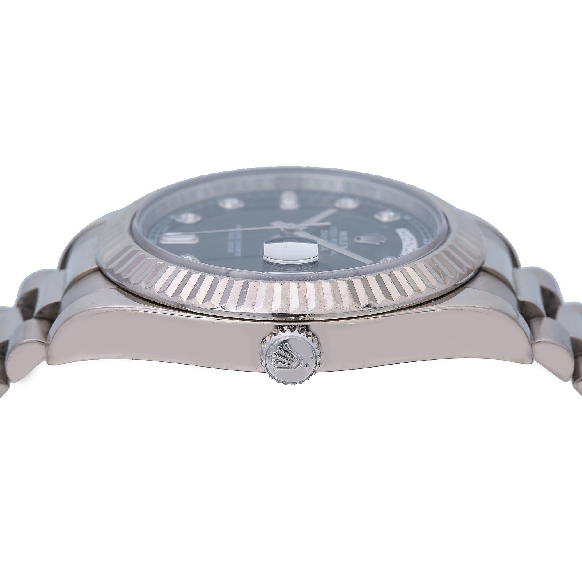 Rolex Day-Date II 41MM 218239 Black Diamond Dial Fluted Bezel 18K White Gold President Bracelet