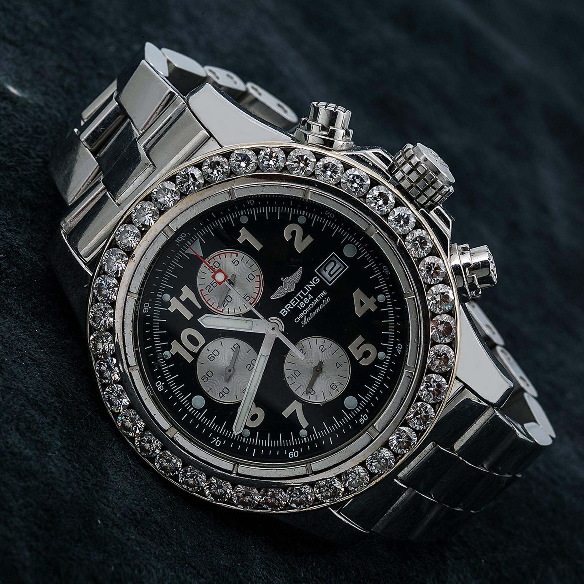 Breitling Super Avenger 48MM A13370 Black Arabic Dial Diamond Bezel Stainless Steel Bracelet