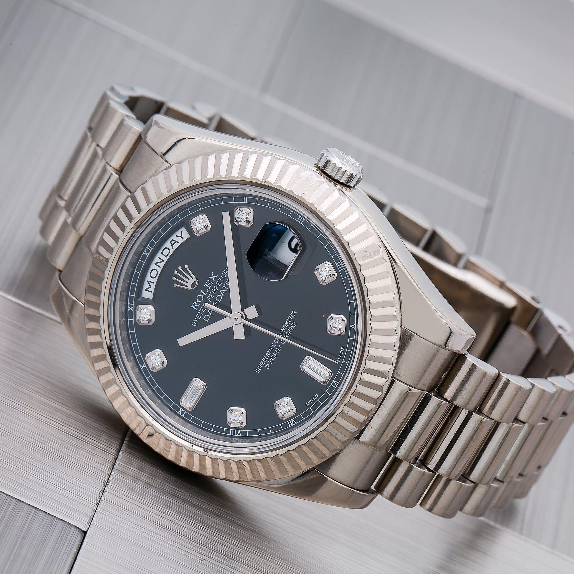 Rolex Day-Date II 41MM 218239 Black Diamond Dial Fluted Bezel 18K White Gold President Bracelet