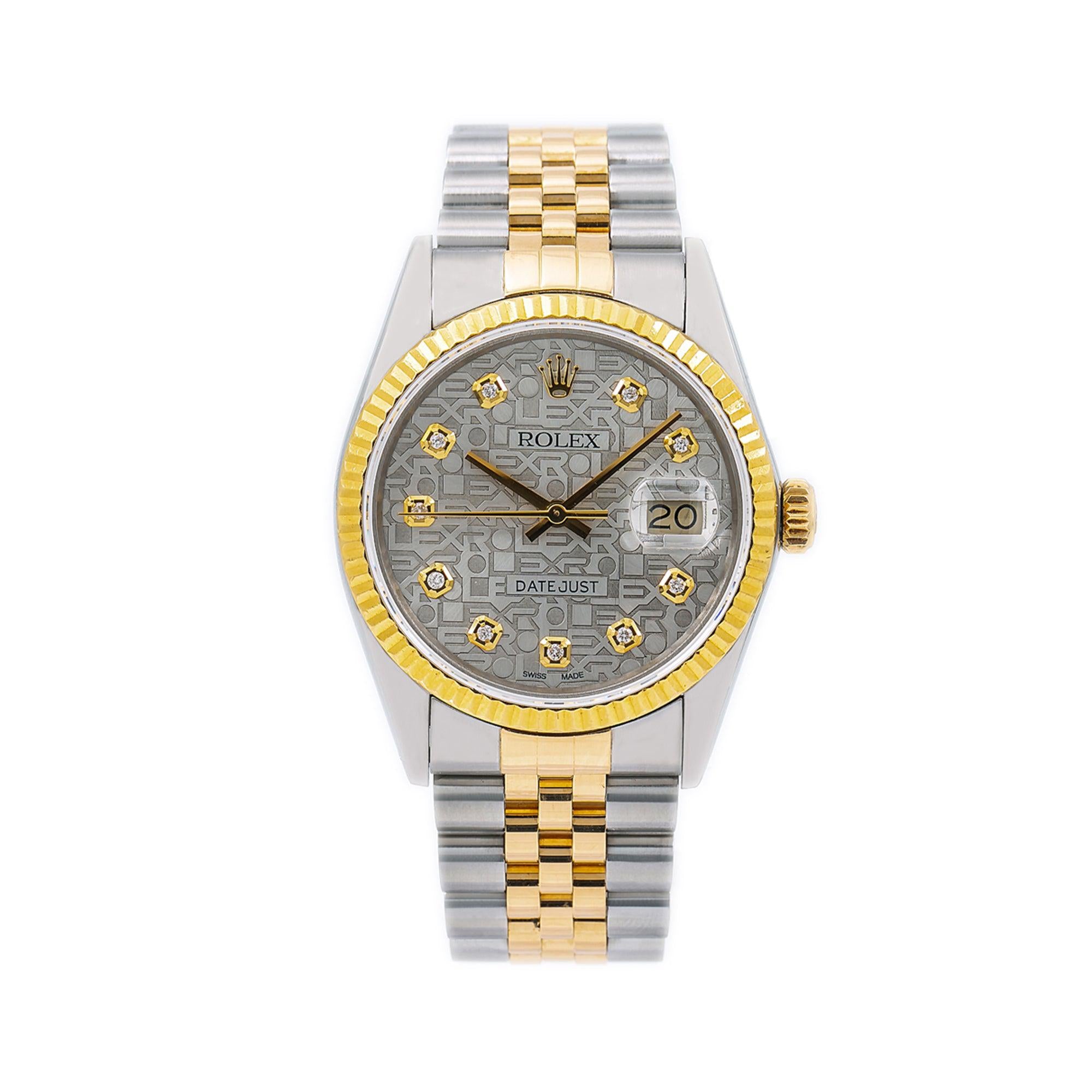 Rolex Datejust 36MM 16013 Silver Pattern Diamond Dial Yellow Gold Fluted Bezel Two Tone Jubilee Bracelet 1.2ct
