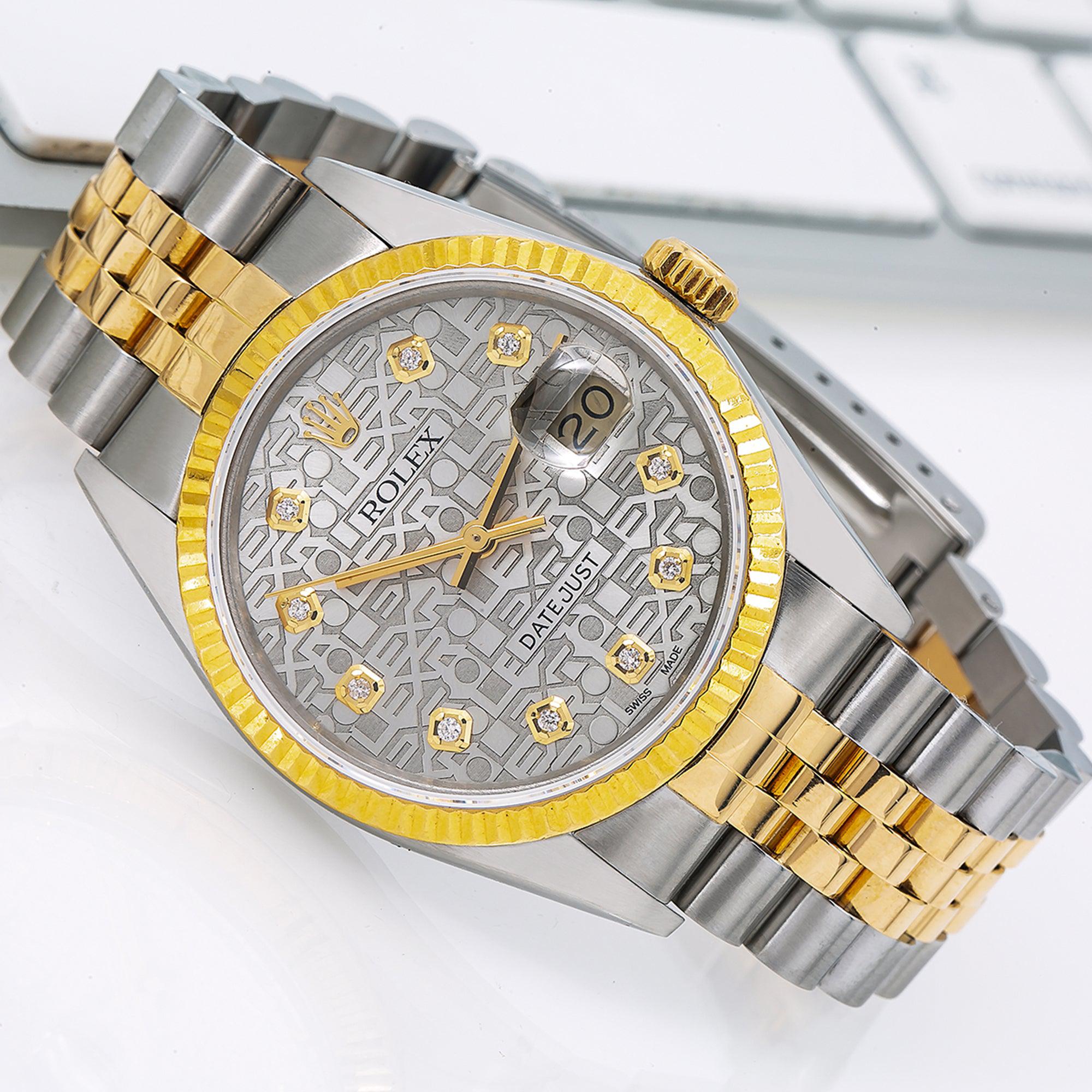 Rolex Datejust 36MM 16013 Silver Pattern Diamond Dial Fluted Bezel Two Tone Yellow Gold Jubilee Bracelet 1.2ct