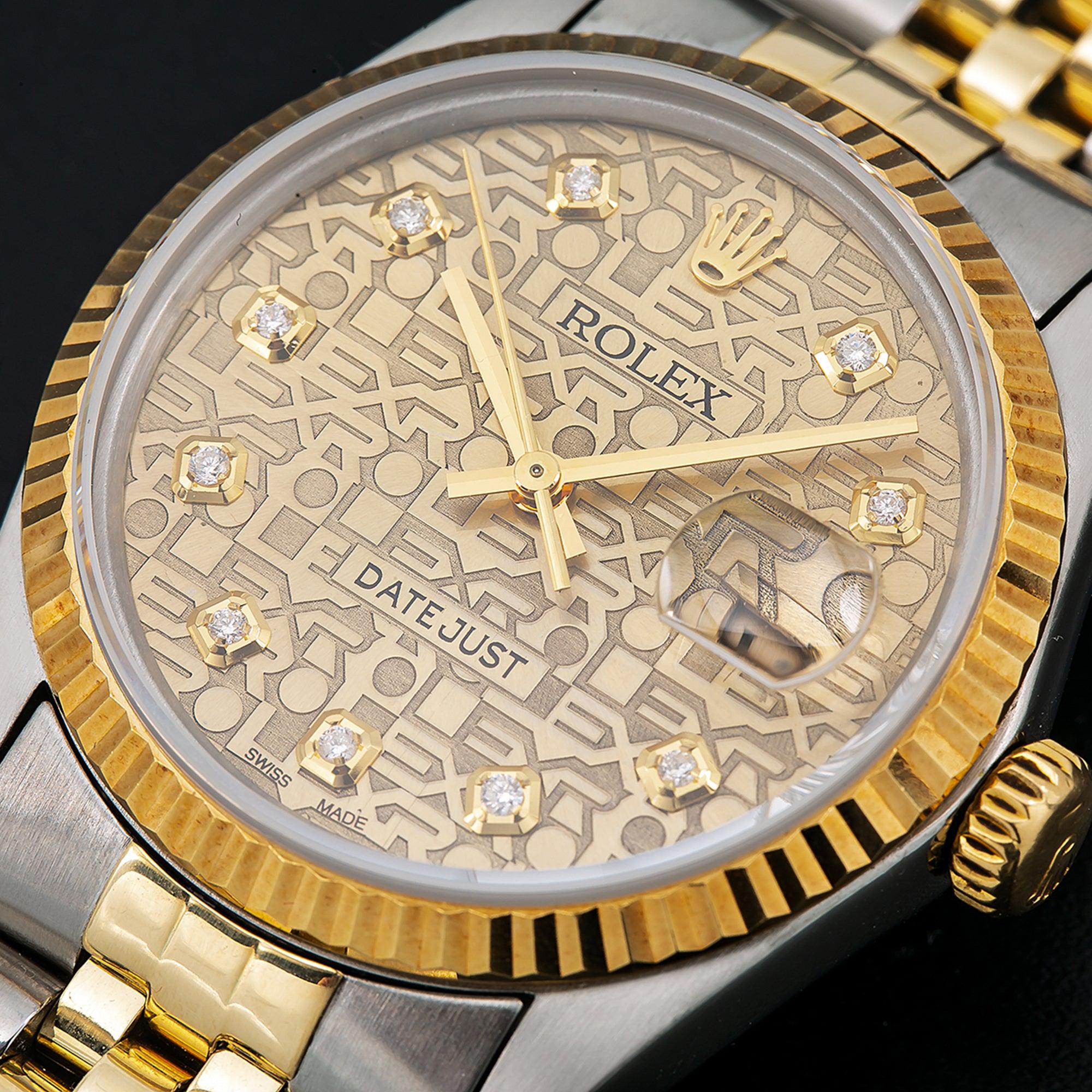 Rolex Datejust 36MM 16013 Champagne Pattern Diamond Dial Fluted Bezel Two Tone Yellow Gold Jubilee Bracelet 1.2ct