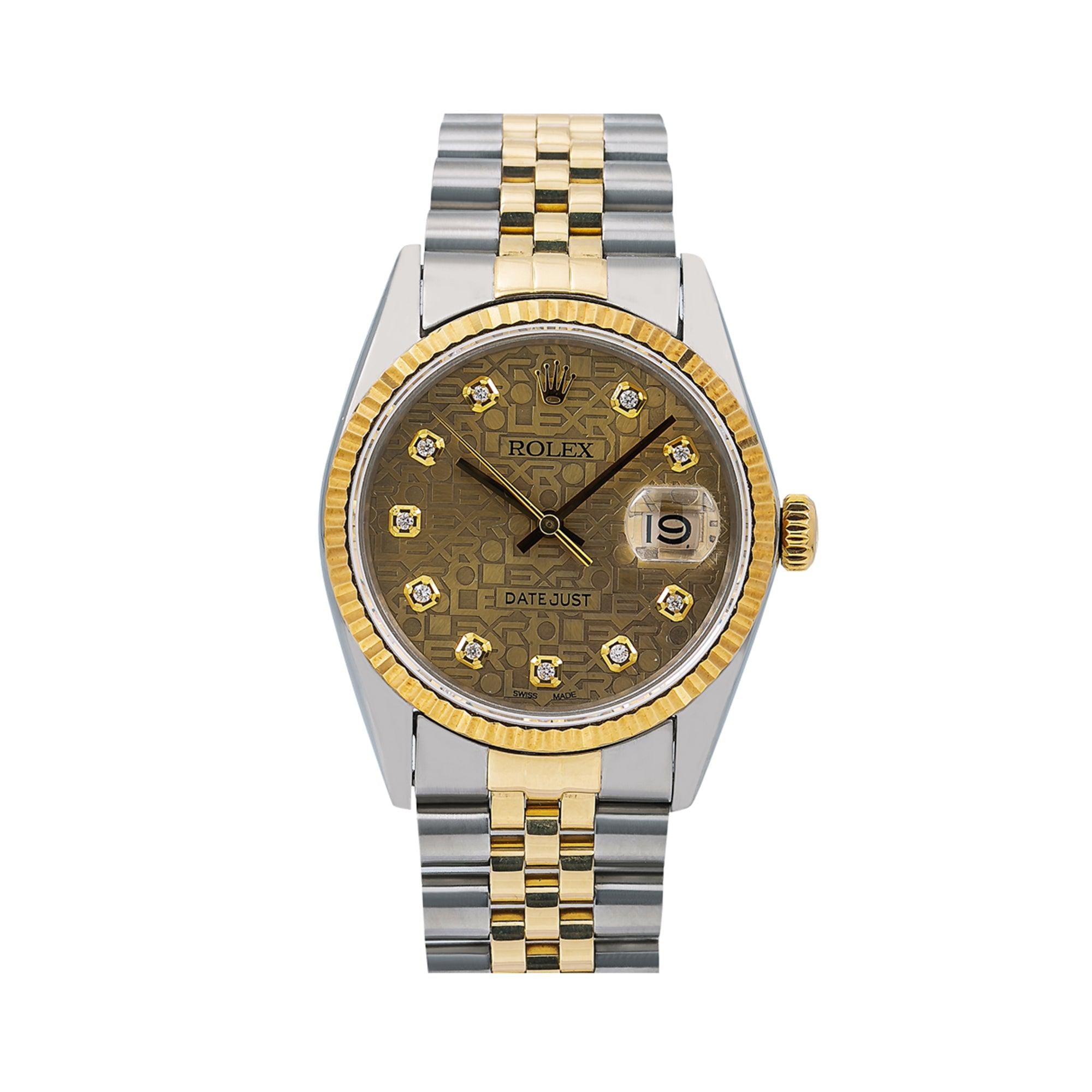 Rolex Datejust 36MM 16013 Champagne Pattern Diamond Dial Yellow Gold Fluted Bezel Two Tone Jubilee Bracelet 1.2ct