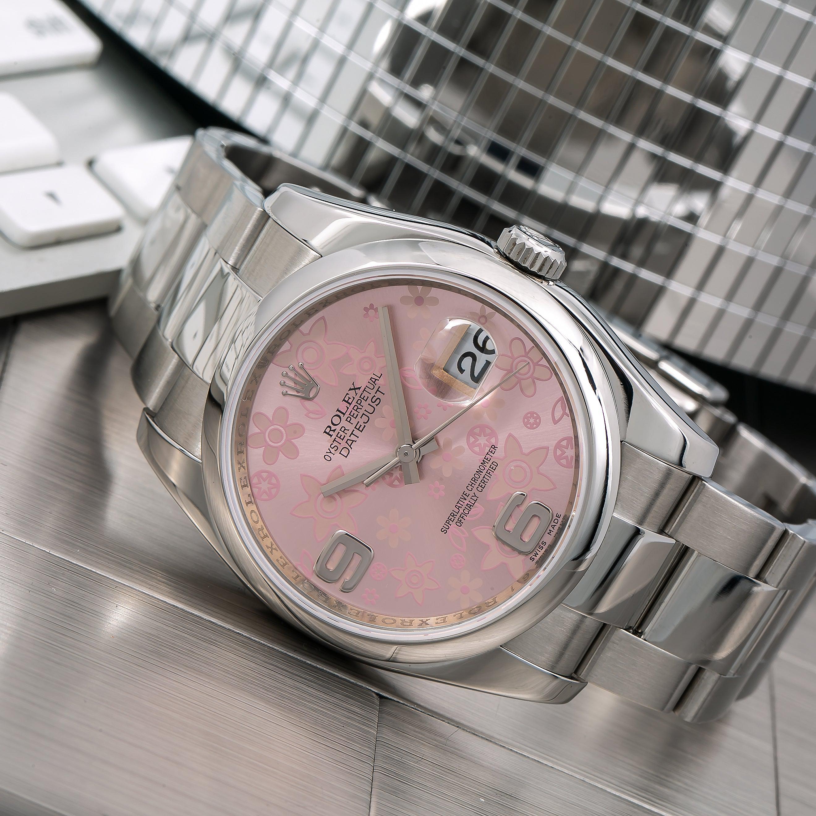 Rolex Datejust 36MM 116200 Pink Floral Arabic Dial Smooth Bezel Stainless Steel Oyster Bracelet