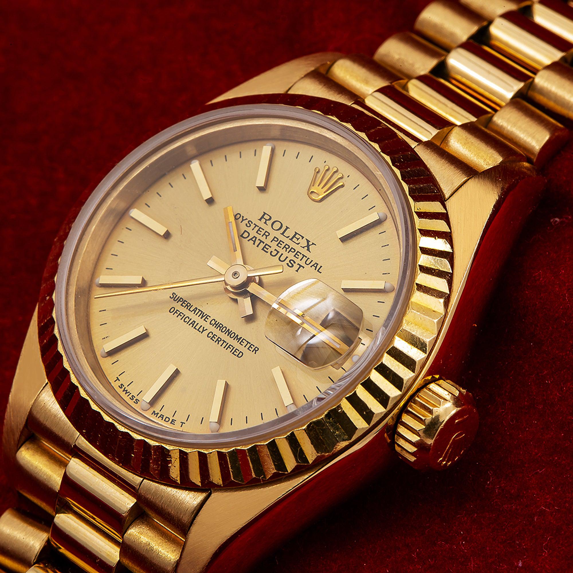 Rolex Datejust 26MM 69178 Champagne Dial Fluted Bezel 18K Yellow Gold President Bracelet