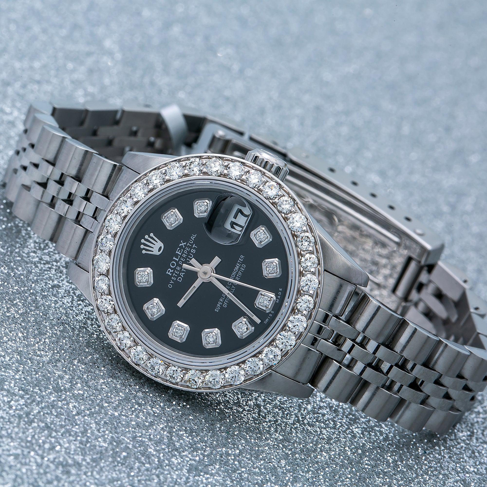 Rolex Datejust 26MM 69174 Black Diamond Dial Diamond Bezel Stainless Steel Jubilee Bracelet 0.9ct