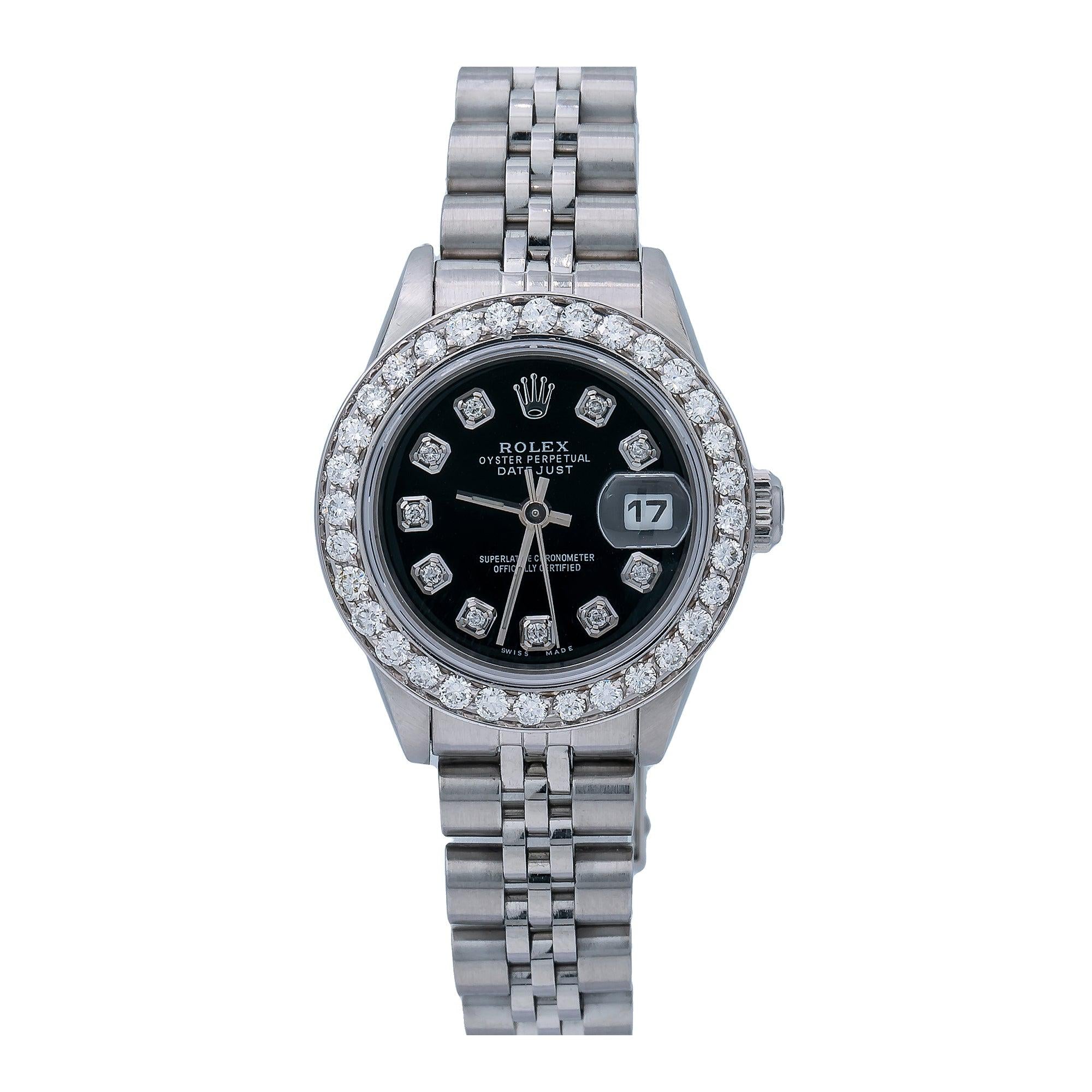 Rolex Datejust 26MM 69174 Black Diamond Dial Diamond Bezel Stainless Steel Jubilee Bracelet 0.9ct