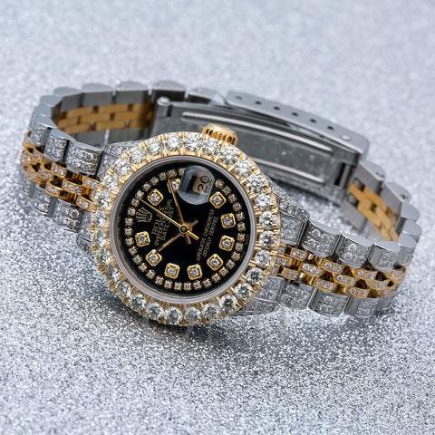 Iced Out Rolex Datejust 26MM Black Diamond Dial With 5.25 CT Diamonds