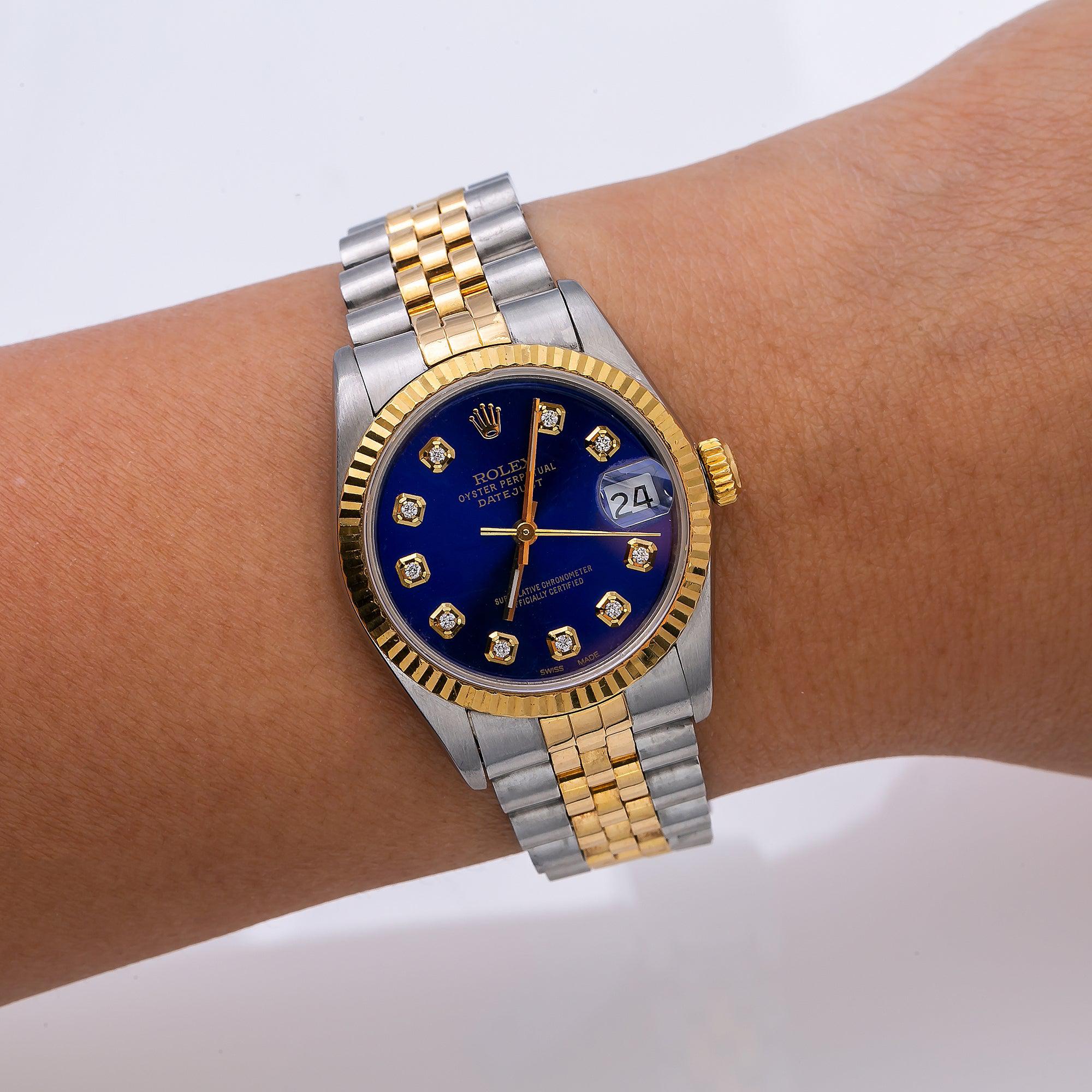 Rolex Datejust 31MM 68273 Blue Diamond Dial Fluted Bezel Two Tone Yellow Gold Jubilee Bracelet