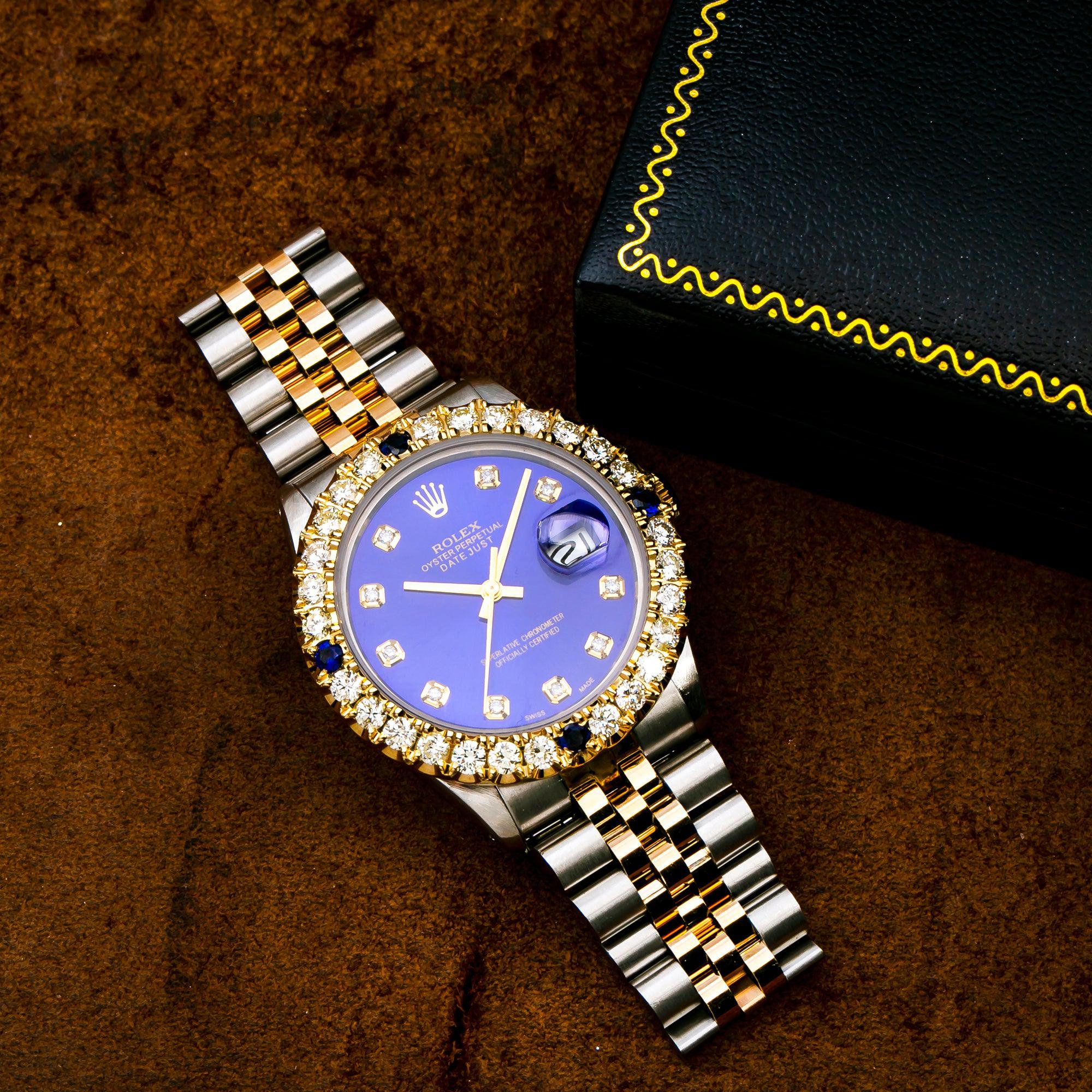 Rolex Datejust 36MM 16013 Blue Diamond Dial Diamond Bezel Two Tone Yellow Gold Jubilee Bracelet