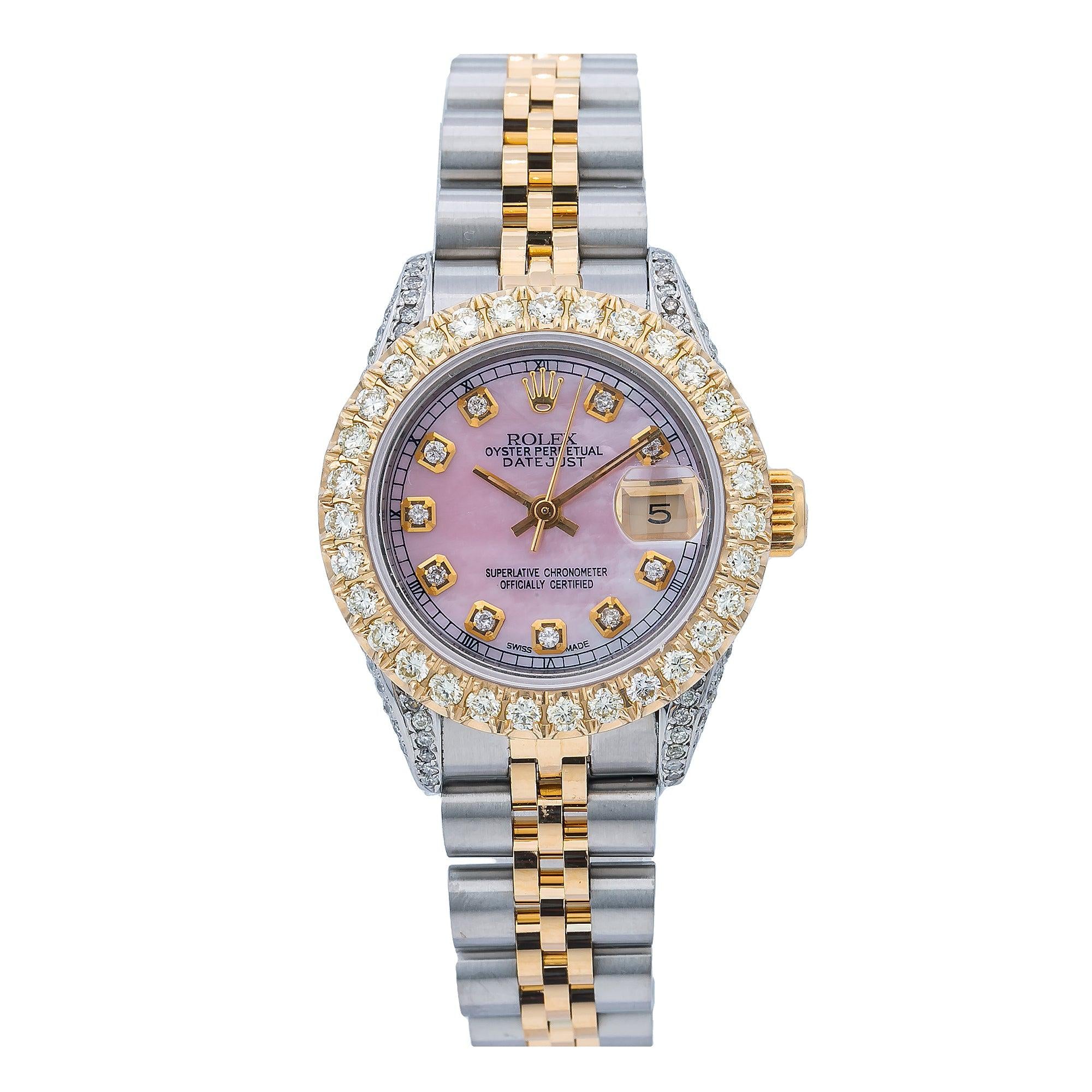 Rolex Datejust 26MM 69173 Pink Mother of Pearl Diamond Dial Diamond Bezel Two Tone Jubilee Bracelet 2.75ct