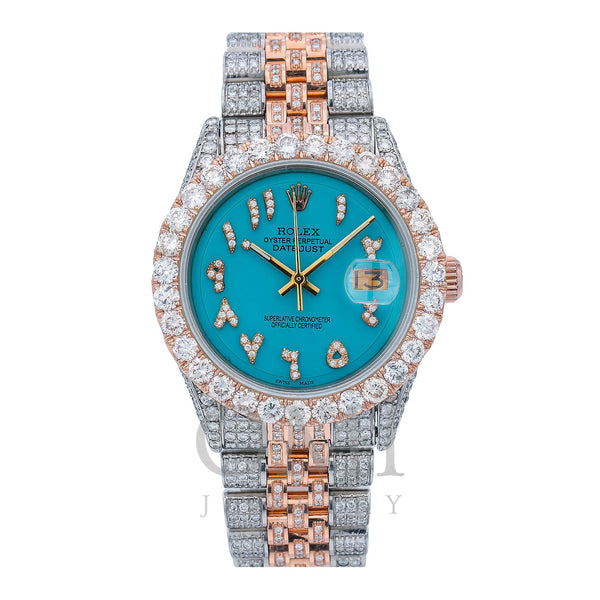 Iced Out Two Tone Rolex Datejust 36MM With Turquoise Arabic Diamond Dial