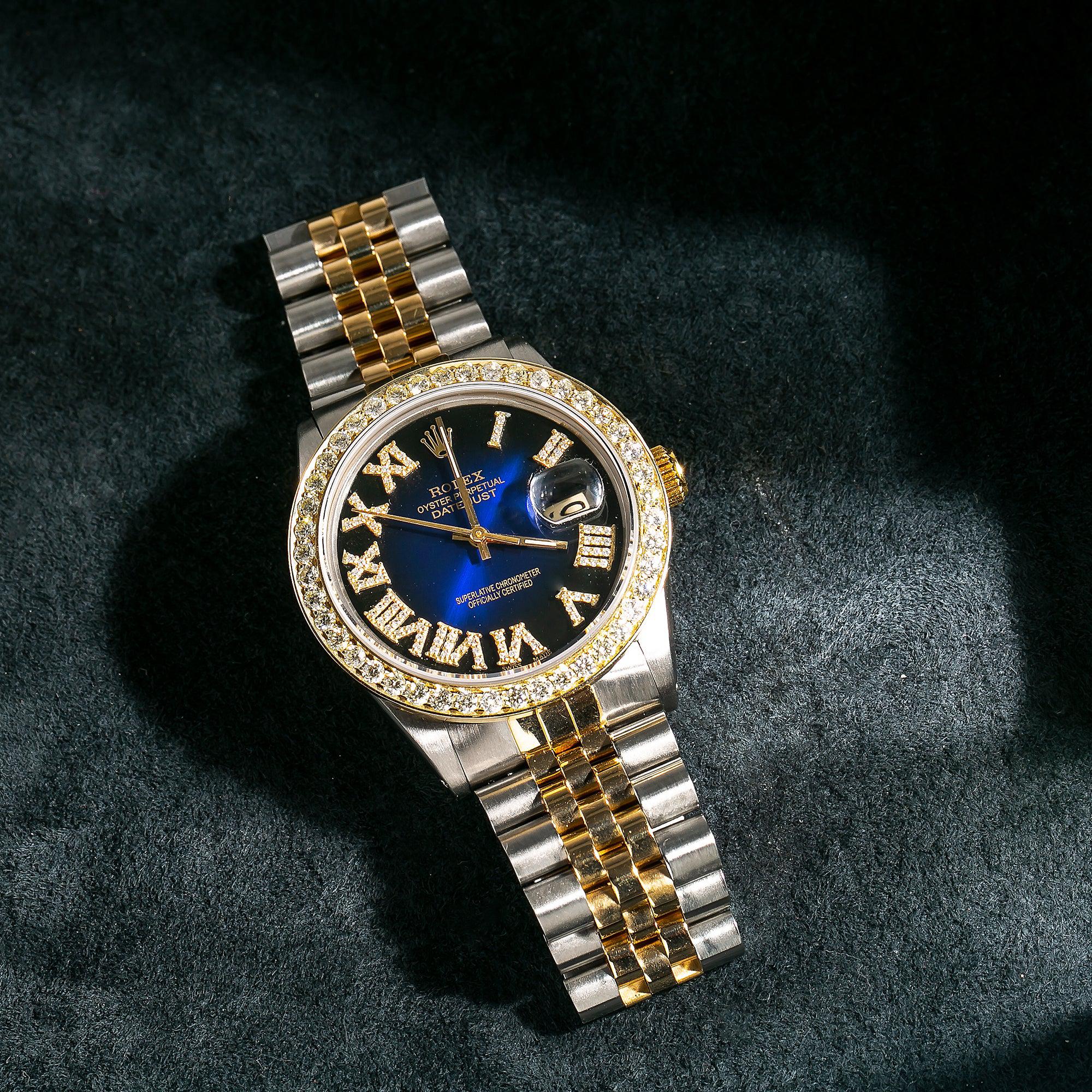 Rolex Datejust 36MM 16233 Blue Roman Diamond Dial Diamond Bezel Two Tone Yellow Gold Jubilee Bracelet 1.35ct