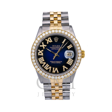 Rolex Datejust Diamond Watch 16014 36mm Blue Custom Diamond Dial With 1.35 CT Diamonds