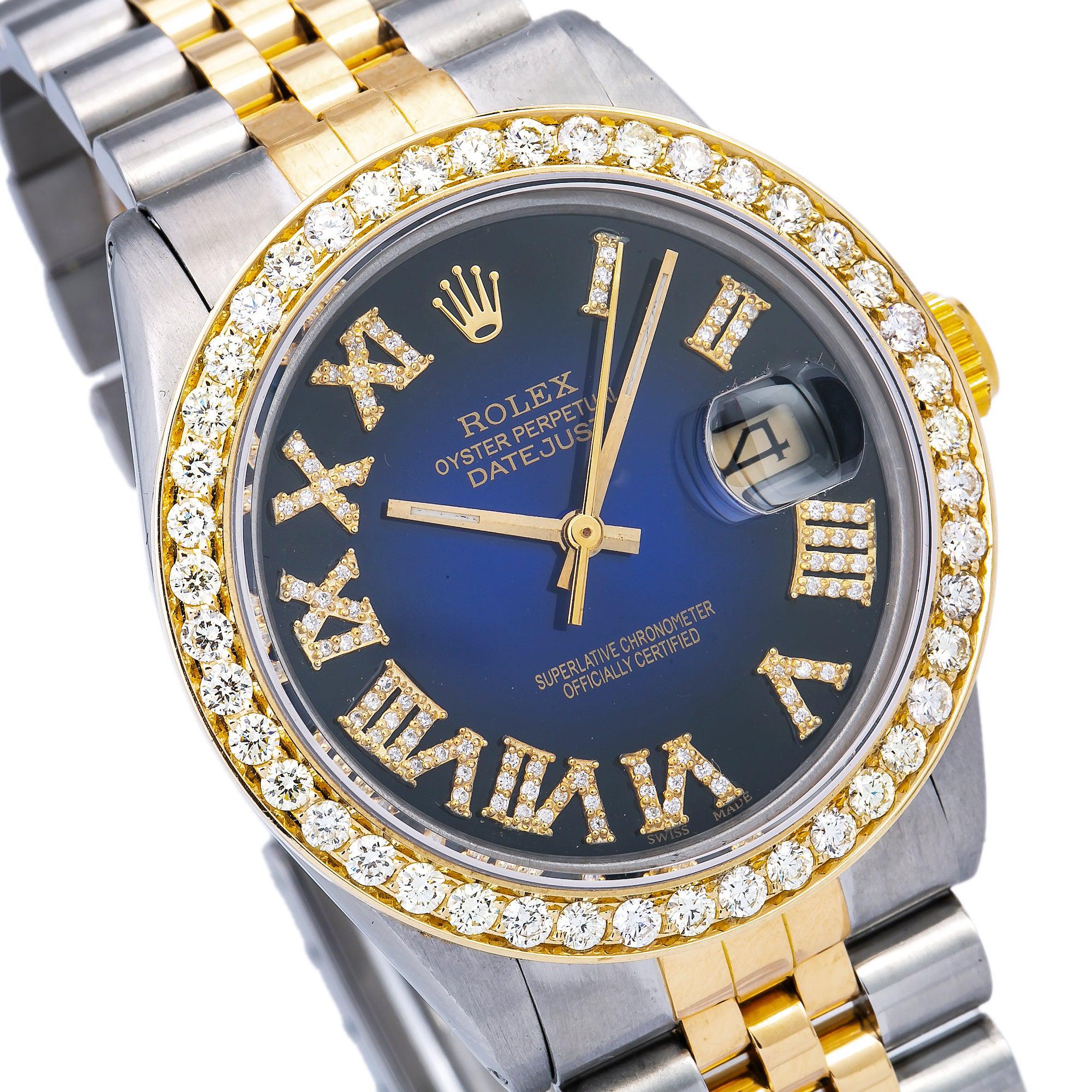 Rolex Datejust 36MM 16233 Blue Roman Diamond Dial Diamond Bezel Two Tone Yellow Gold Jubilee Bracelet 1.35ct