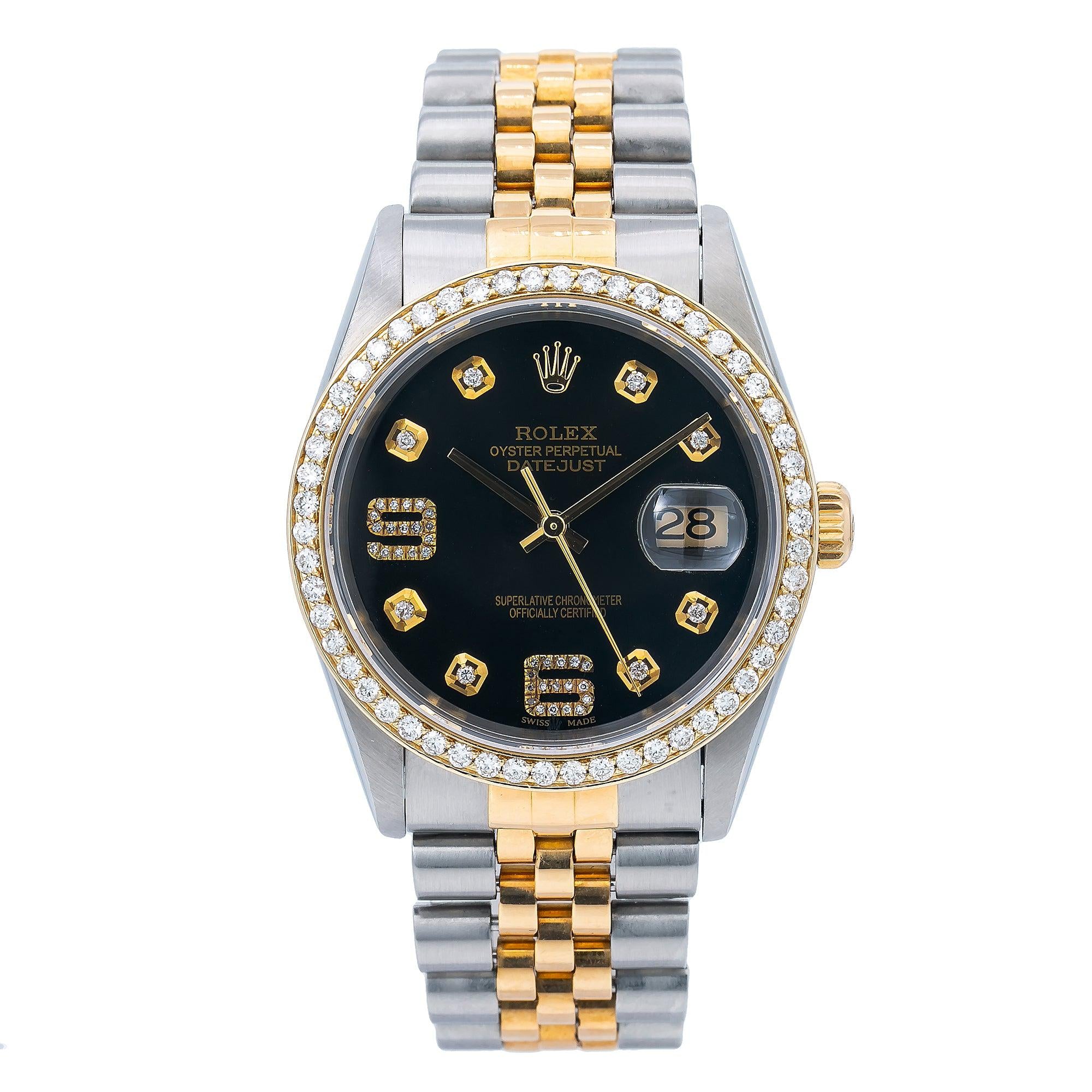 Rolex Datejust 36MM 16233 Black Arabic Dial Diamond Bezel Two Tone Jubilee Bracelet 1.2ct