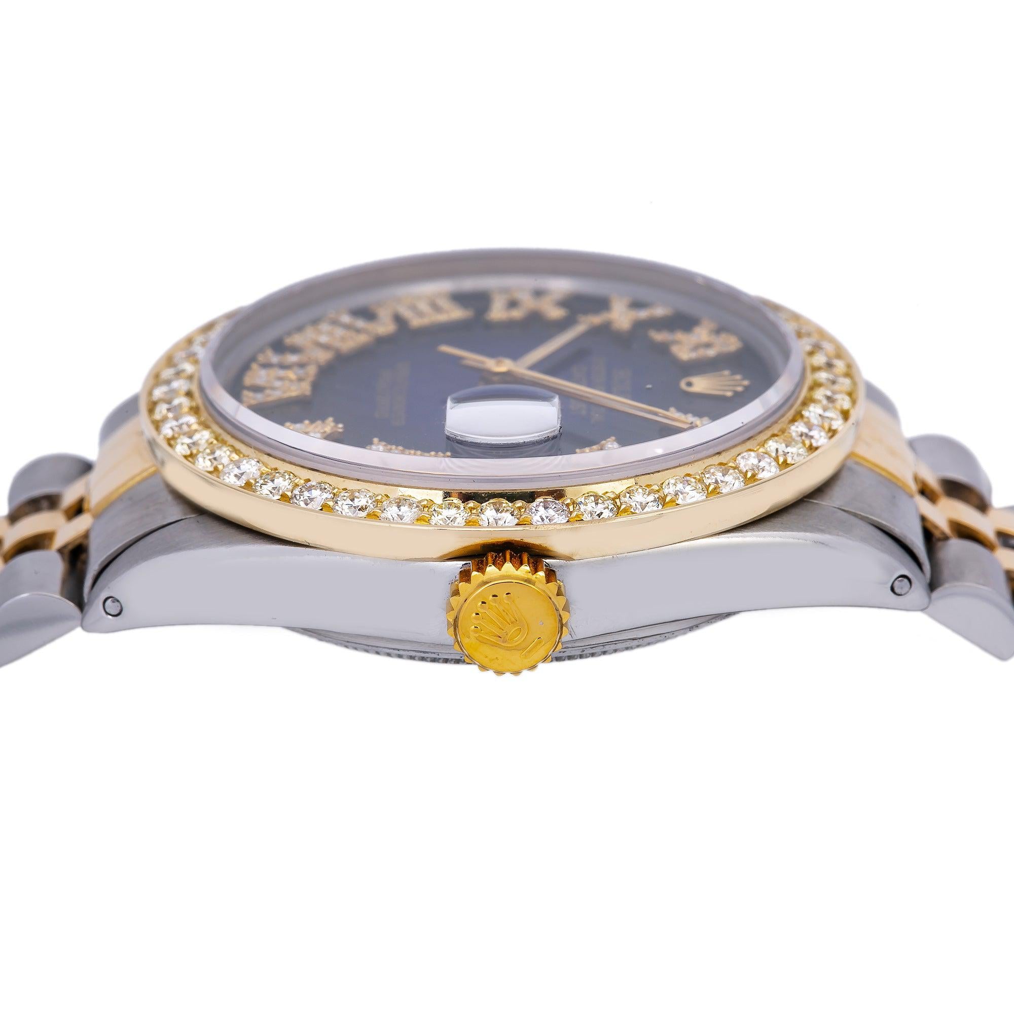 Rolex Datejust 36MM 16233 Blue Roman Diamond Dial Diamond Bezel Two Tone Yellow Gold Jubilee Bracelet 1.35ct