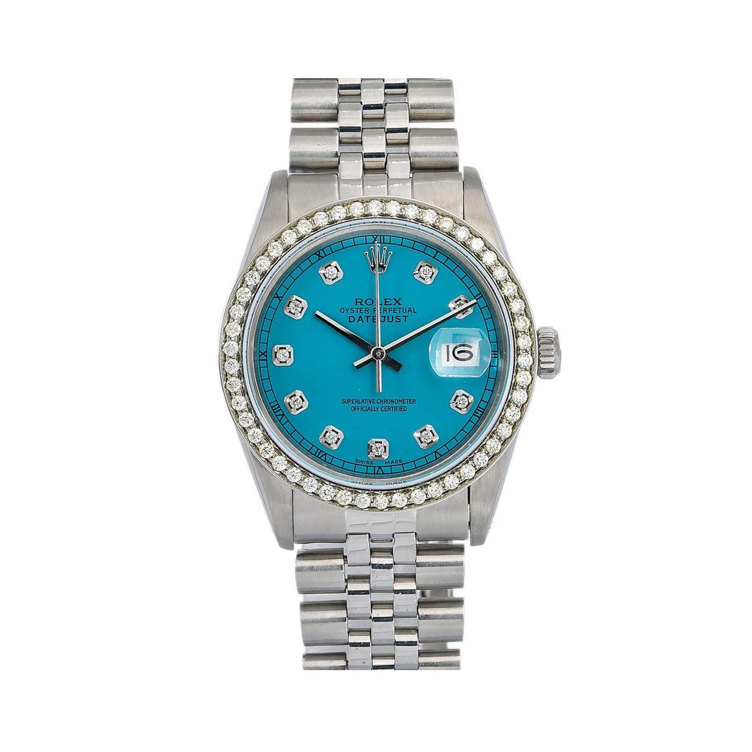 Rolex Datejust 36MM 16014 Blue Diamond Dial Diamond Bezel Stainless Steel Jubilee Bracelet
