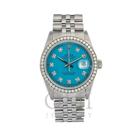 Rolex Datejust Diamond Watch, 16014 36mm, Blue Custom Diamond Dial With Stainless Steel Ju