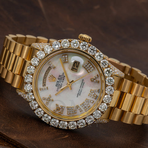 Rolex Day-Date Diamond Watch, 1803 36mm, White Mother of Pearl Diamond Dial With Yellow Gold Bracelet