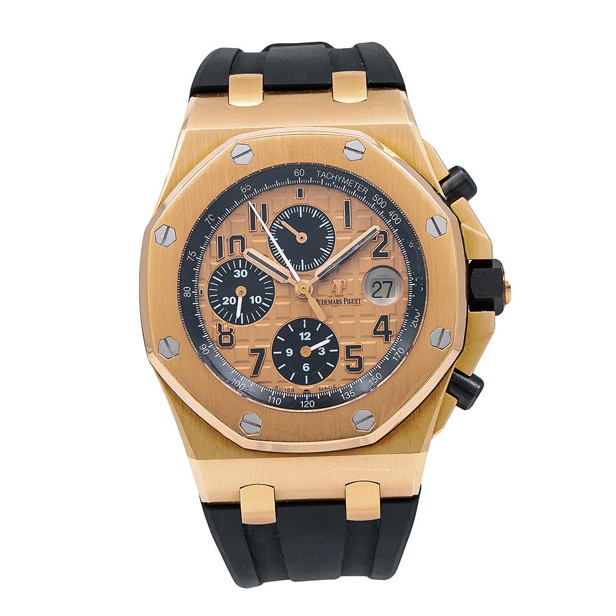 Audemars Piguet Royal Oak Offshore Chronograph 44MM 26470OR.OO.A002CR.01 Champagne Arabic Dial Rose Gold Bezel Black Rubber Band